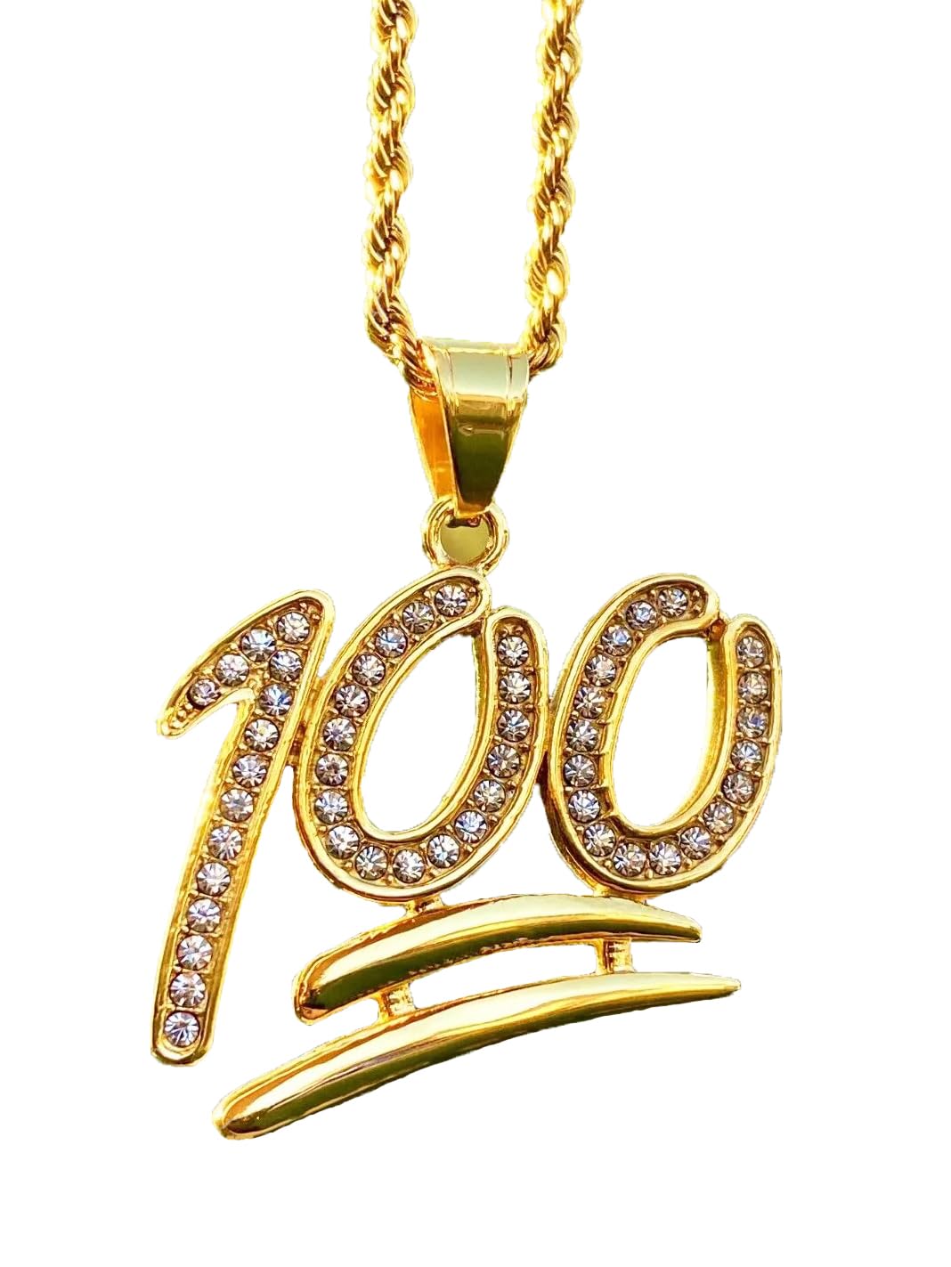 100 Percent Pendant Necklace – Men & Women 14k Gold Finish, Iced Out CZ Micropavé Cartoon Medallion, 925 Italy Stainless Steel, 2mm Rope Chain