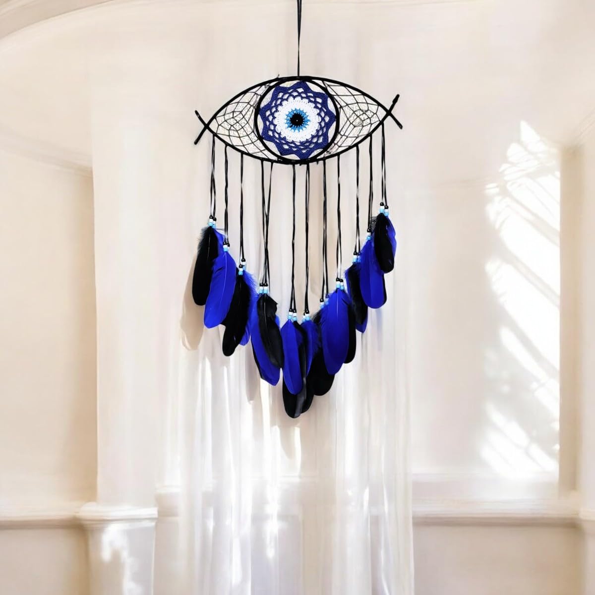 Evil Eye Handmade Dreamcatcher for Bedroom & Living Room | Eye Shaped Black Boho Dream Catcher with Feathers for Wall Hanging Decoration | Aesthetic Home Decor & Housewarming Gift-image-24