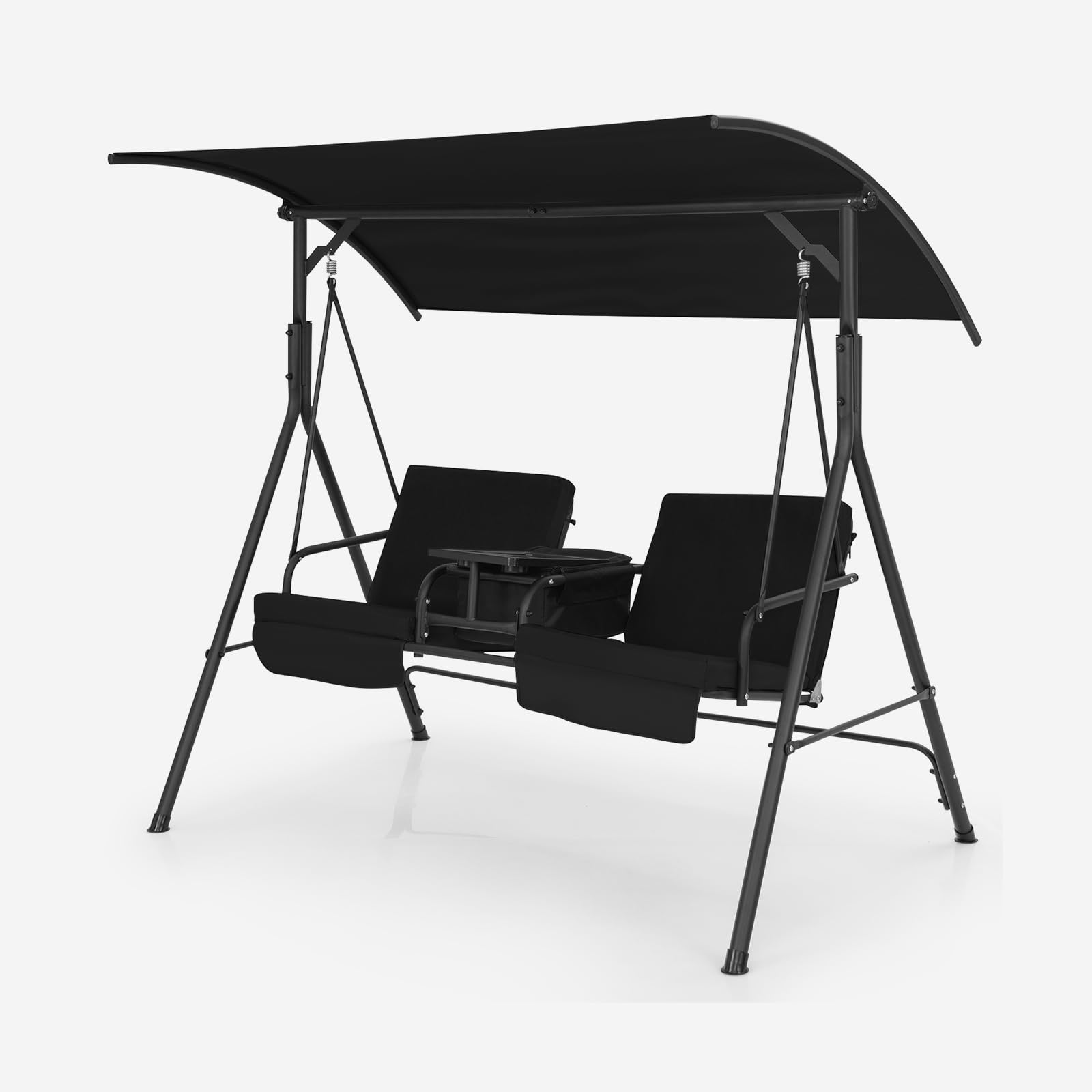 KOMFOTTEU Columpio de Jardín para 2 Personas, Balancín Terreza Exterior con Toldo Ajustable, Banco Mecedora con Bandeja y Bolsa de Refrigeración, para Balcón, Patio (Negro)