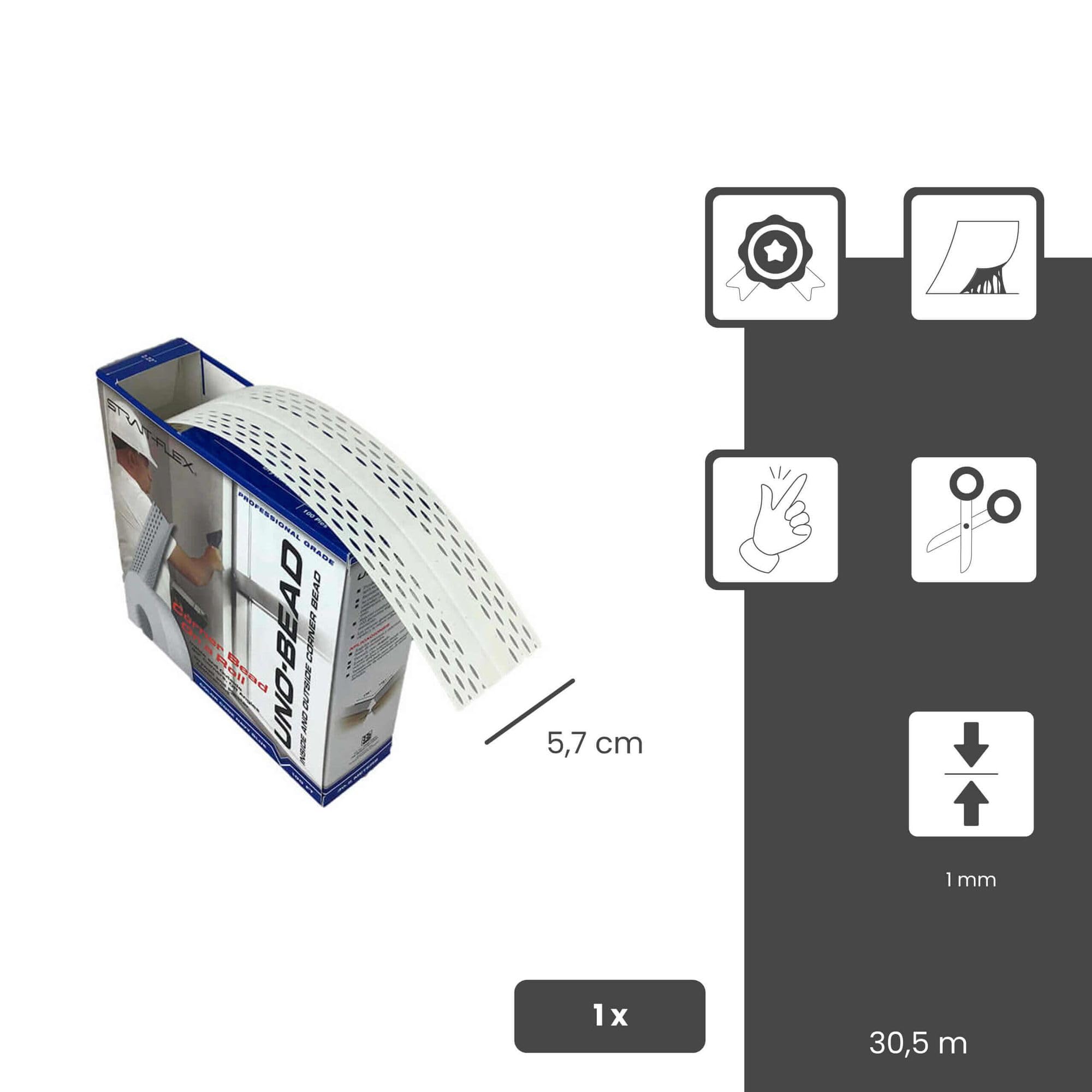 Perfil del borde UNO-BEAD 222 ángulo flexible blanco de 30,5 m de protección de cantos altos, para cantos interiores y exteriores en drywall, fácil de montar | Perfil angular flexible para interiores y exteriores en tabiques, PVC, revestido de fibra, prot