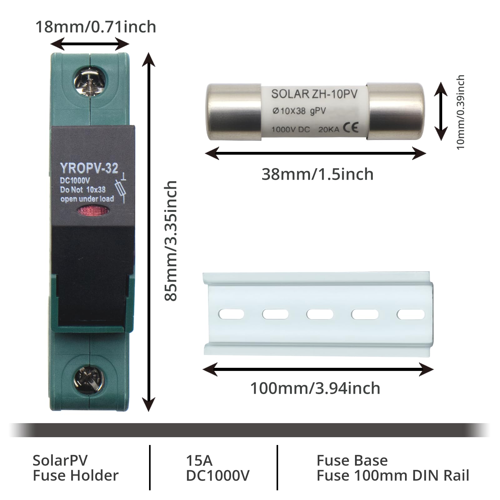 Kit di fusibili solari fotovoltaici da 32 A, 1000 V CC, con supporto, fusibile fotovoltaico da 10 x 38 mm, per montaggio su guida DIN (100 mm), impermeabile e protezione da sovraccarico