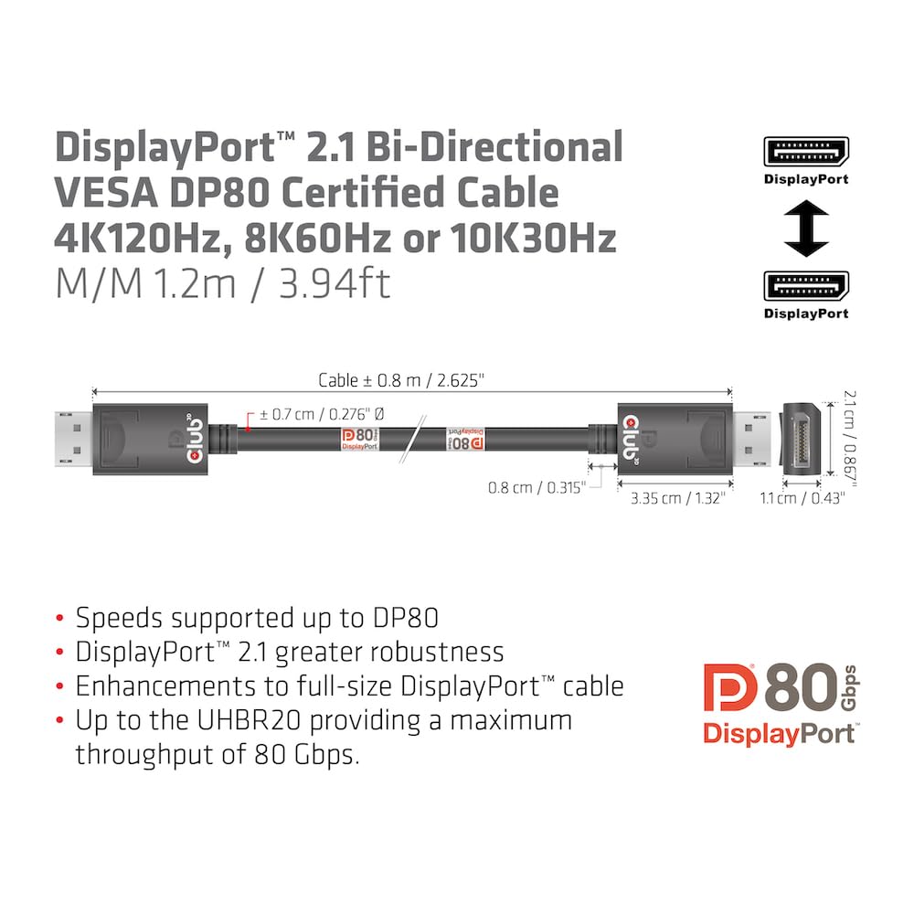 Club3D CAC-1091 DisplayPort™ 2.1 dwukierunkowy kabel VESA DP80 certyfikowany 4K120Hz, 8K60Hz lub 10K30Hz St/St 1,2 m