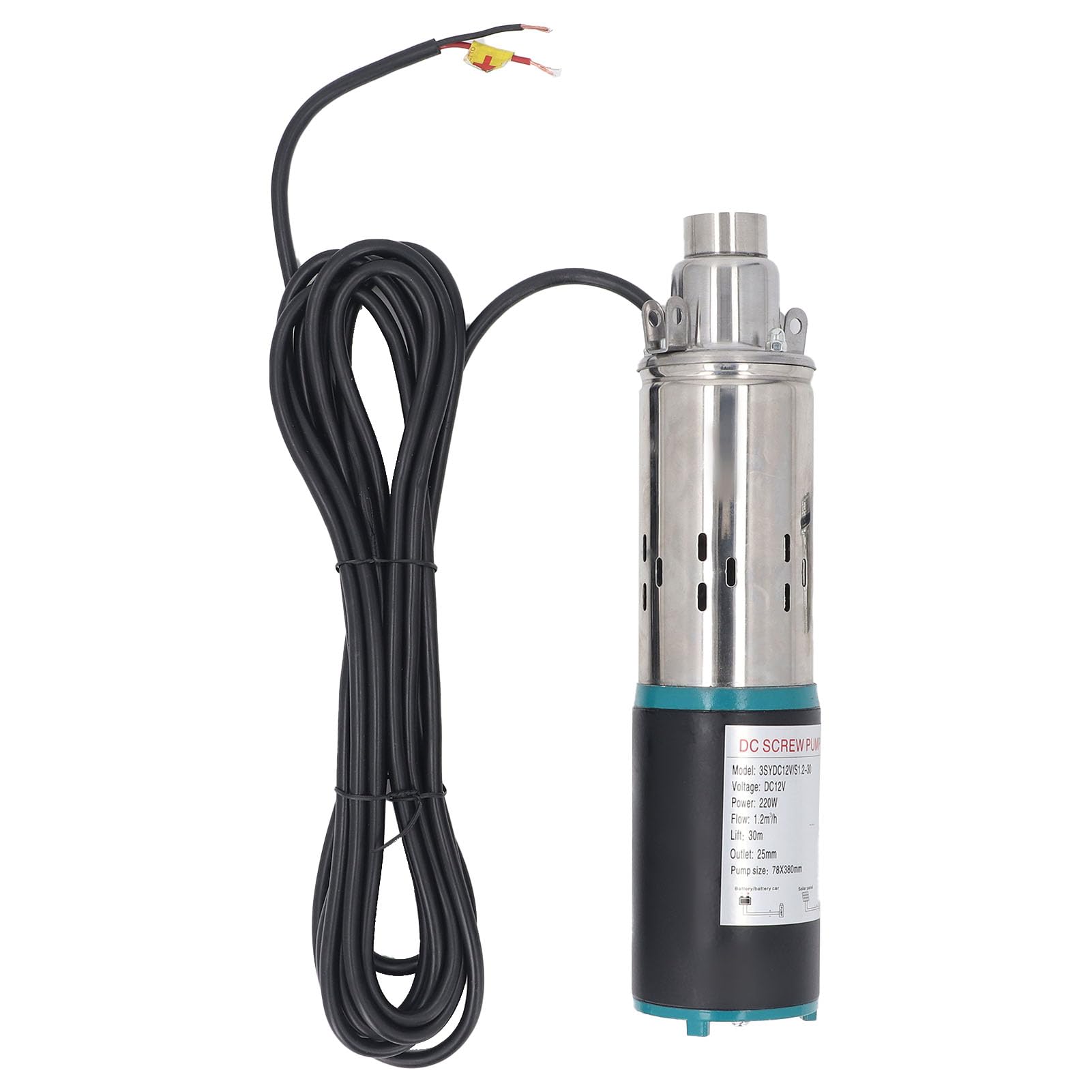 Bewinner Bomba de Tornillo de 12 V CC, Bomba Sumergible de Pozo Profundo de 1,2 M³/H, Cabezal de 30 M, de Agua Solar de Acero Inoxidable para Riego de Embalses con Cable de Alimentación de 7 M,