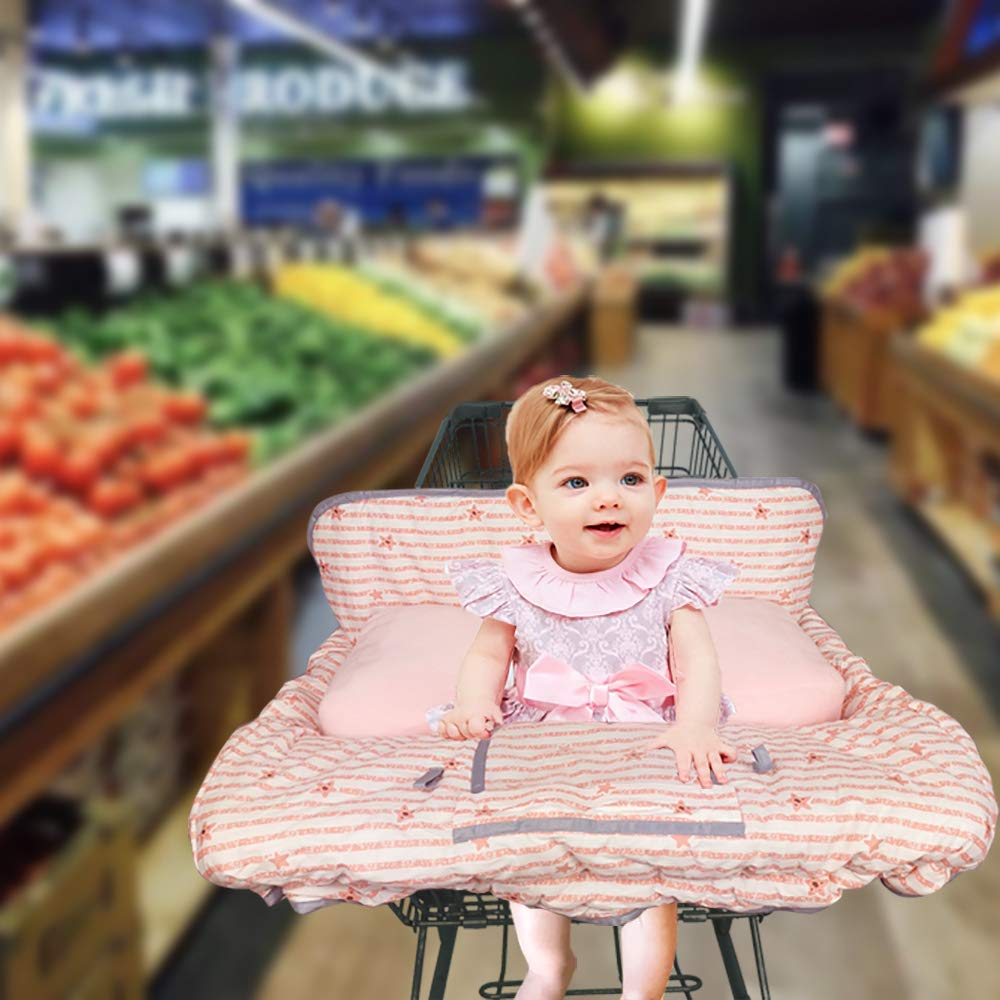 Shopping Cart Cover for baby/toddler 2-in-1 High Chair cover, easy Attach & Remove, with Cellphone Holder, Pink Strip Star