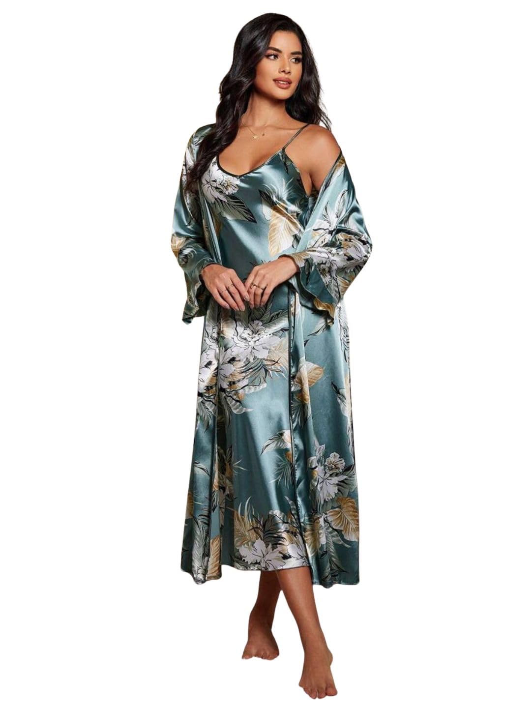 Luxury Floral Satin Nightwear Set for Women – Elegant Printed Long Nightdress with Matching Robe, Soft Silky Sleepwear Gown for Ladies, Premium Loungewear for Night & Relaxation