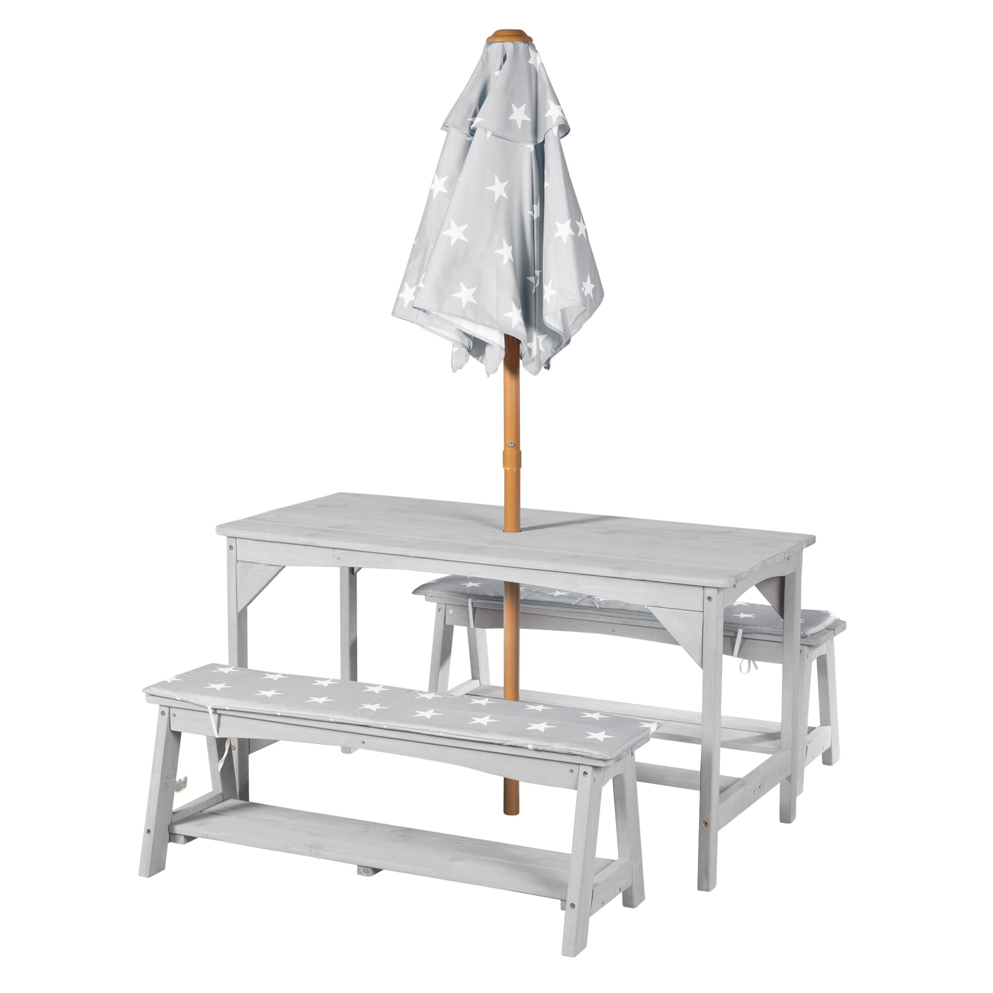roba Set di Sedute per Bambini Picnic con Tavolo, 2 Panche, Ombrellone e Cuscini – Legno Grigio