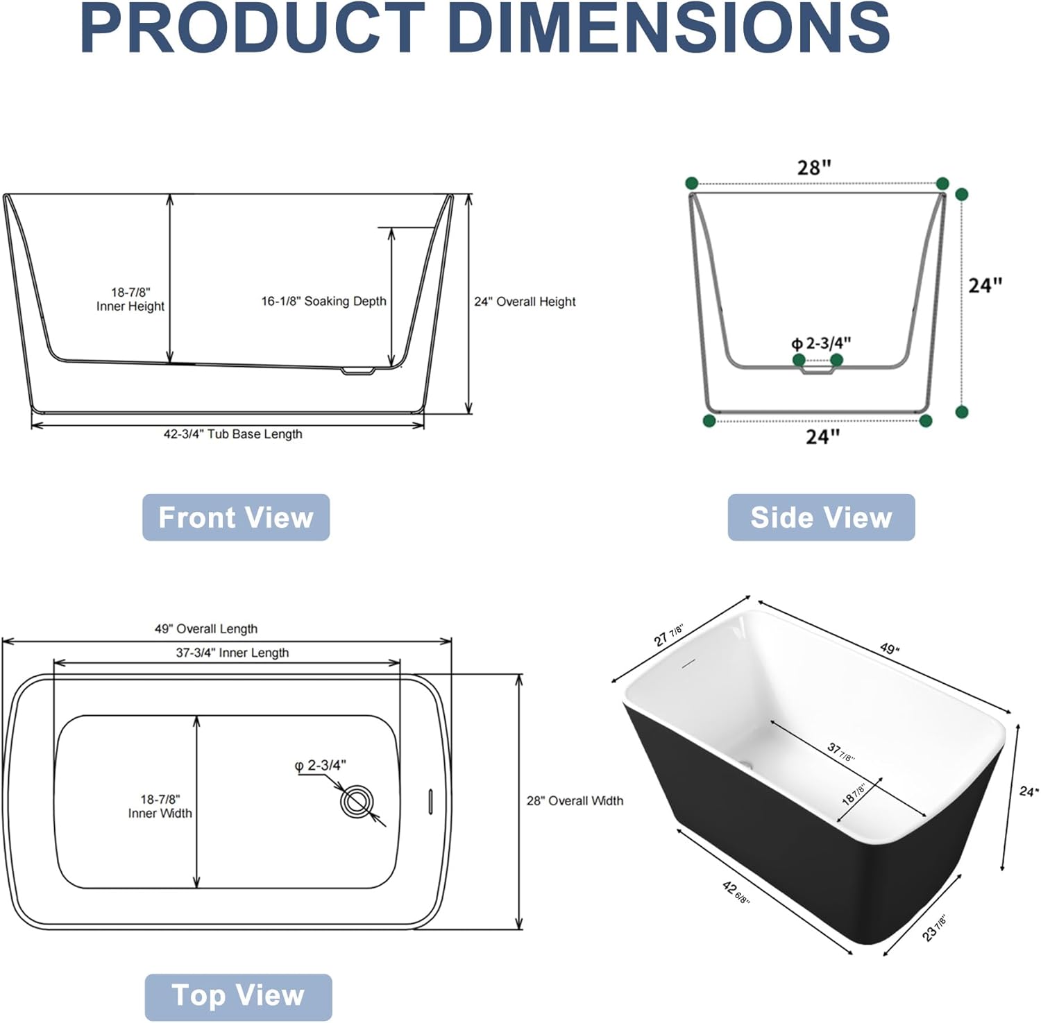Casaphoria 49‘’ Square Freestanding Bathtub, Japanese Soaking Tub, Acrylic Stand Alone Tub with Chrome Pop-Up Drain & Overflow, Non-Slip Base, R-Corner Design, cUPC Certified, Modern Bathroom (Black)