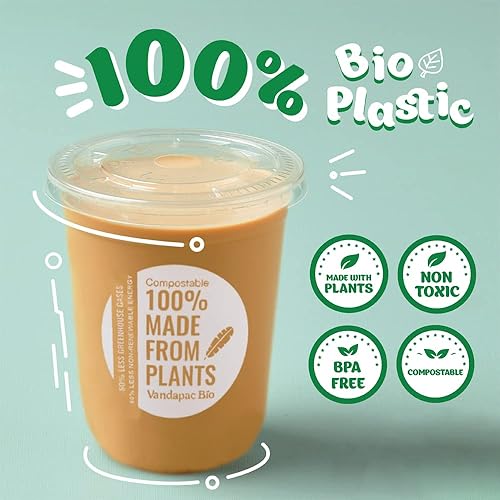 Miniatura 2 de Vasos compostables prémium con tapas, vasos de plástico de 18 oz (10 tazas). Vasos biodegradables resistentes que son vasos fríos ecológicos. Vasos