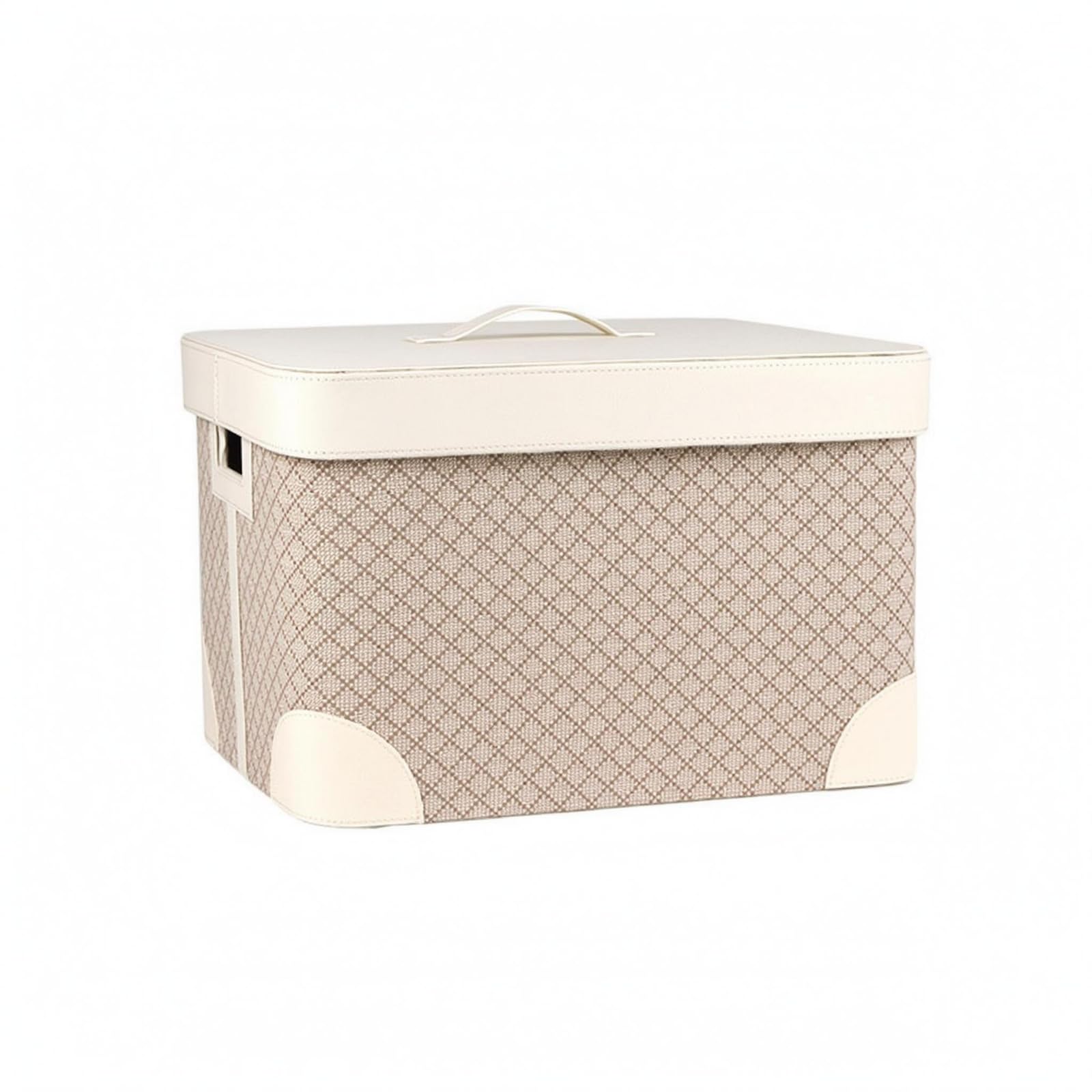 Contenedor de Almacenamiento Caja Organizador Rectangular con Tapa y Asa Cuerpo Tejido con Exterior en Piel Esquinas con Refuerzo Visible Adecuado, Marrón Pequeño