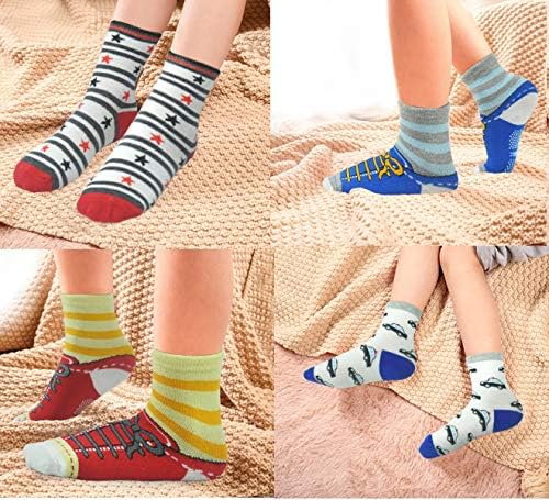 Tphon Toddler Boy Socks with Grips 12 Pairs Kids Anti Slip Cotton Crew Socks for Boys, Girls 1-7 Years - Image 2