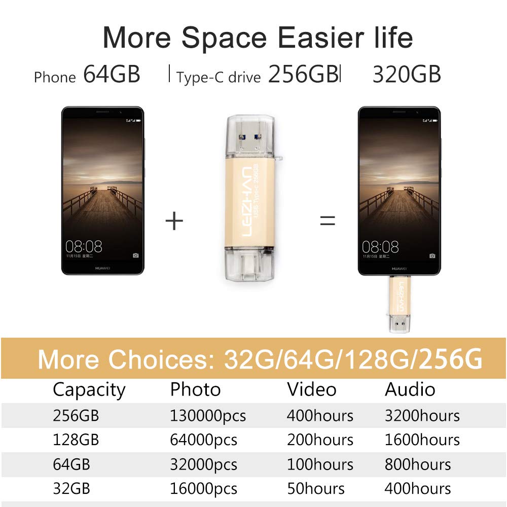 Pamięć USB 256 GB, typ C Memory Stick OTG, pamięć 2 w 1, pamięć flash, USB 3.0, Pen Drive do komputera/laptopa/notebooka i innych USB-C (256 GB, złoty)