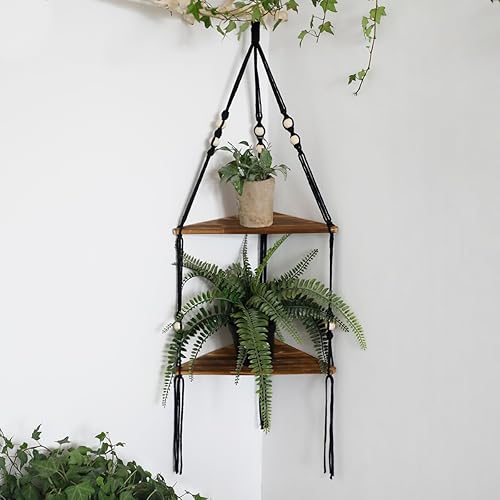 Artilady Estante de esquina negro para colgar en la pared, estantes flotantes de madera de 2 niveles, estante de pared rústico bohemio para