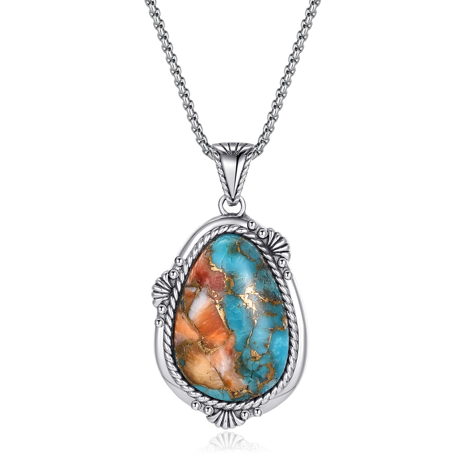 PhyonioTurquoise Necklace for Women 925 Sterling Silver Teal/Spiny Turquoise Pendant Necklaces with Rope Edge and Stainless Steel Box Chain