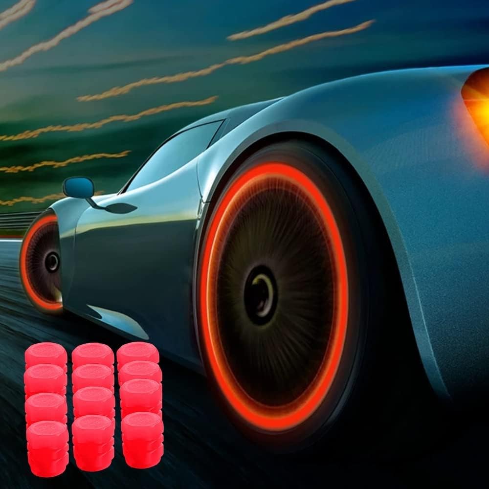BIGXEN Car/Bike Wheel Tire Rim Air Valve Cap Radium Tyre Air Caps Cover Glow Radium Light Resistant Tire Pressure Caps, Universal for Car, Truck, SUV, Motorcycles, Bike (Red - 12pc)