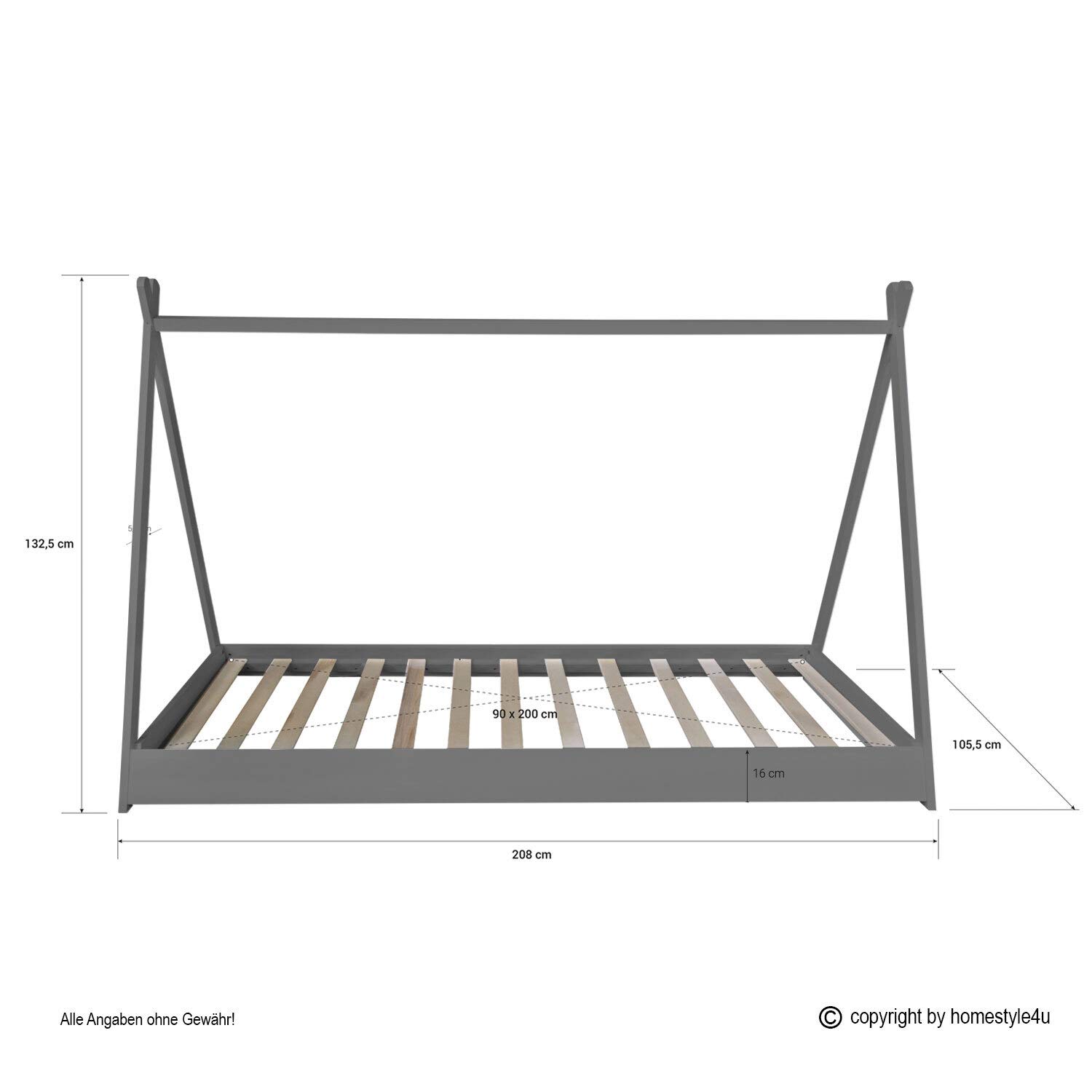 Homestyle4u Kinderbett 90x200 Tipi Zeltbett Kiefer Grau Weiß | Bodentiefes Schlafen, Sternenmuster Stoff aus Baumwolle, inkl. Lattenrost, für Jungen & Mädchen