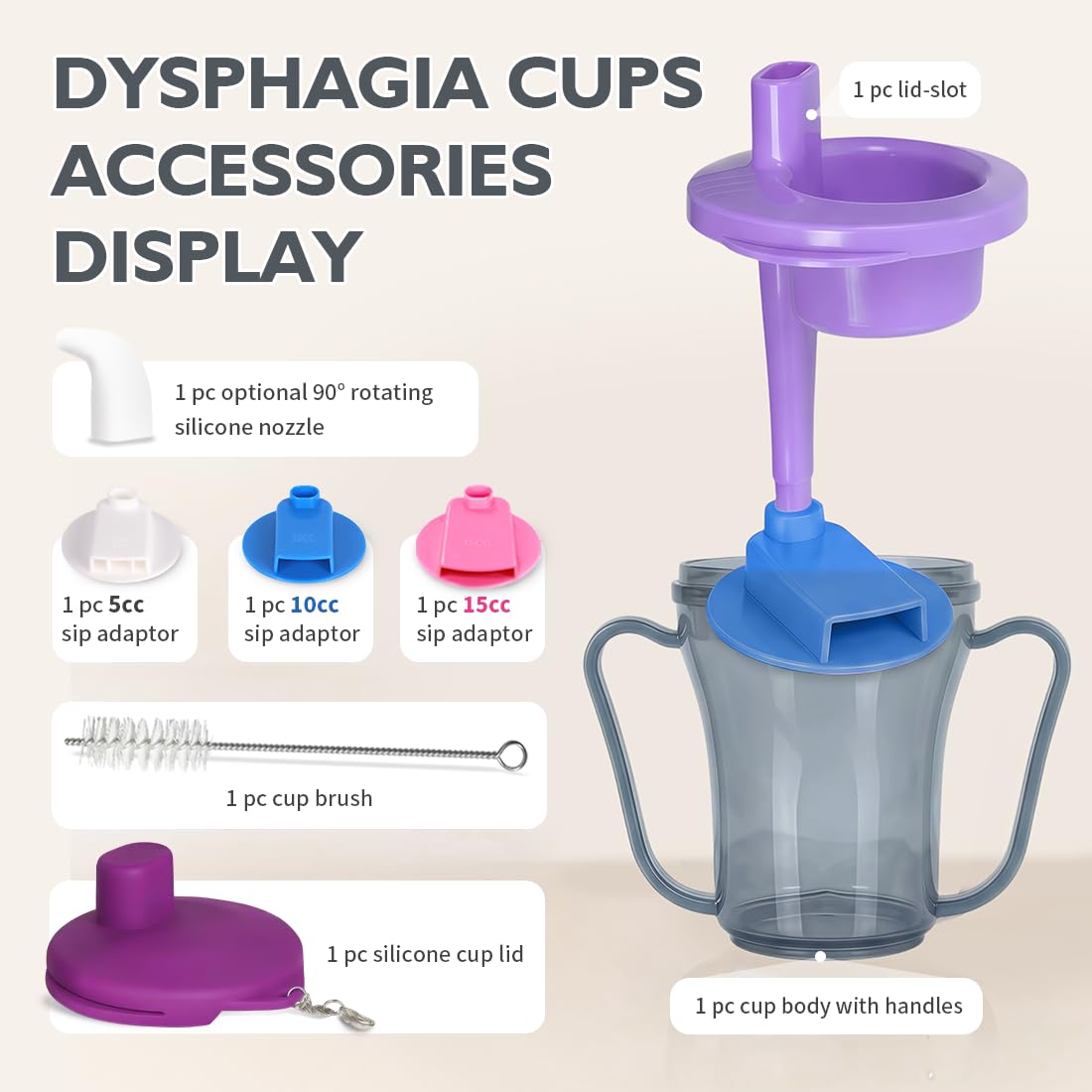 Vasos para disfagia para tragar personas, taza Provale de 5 cc o 10 cc de líquido cada vez para evitar el asfixia (tapa morada y gris)