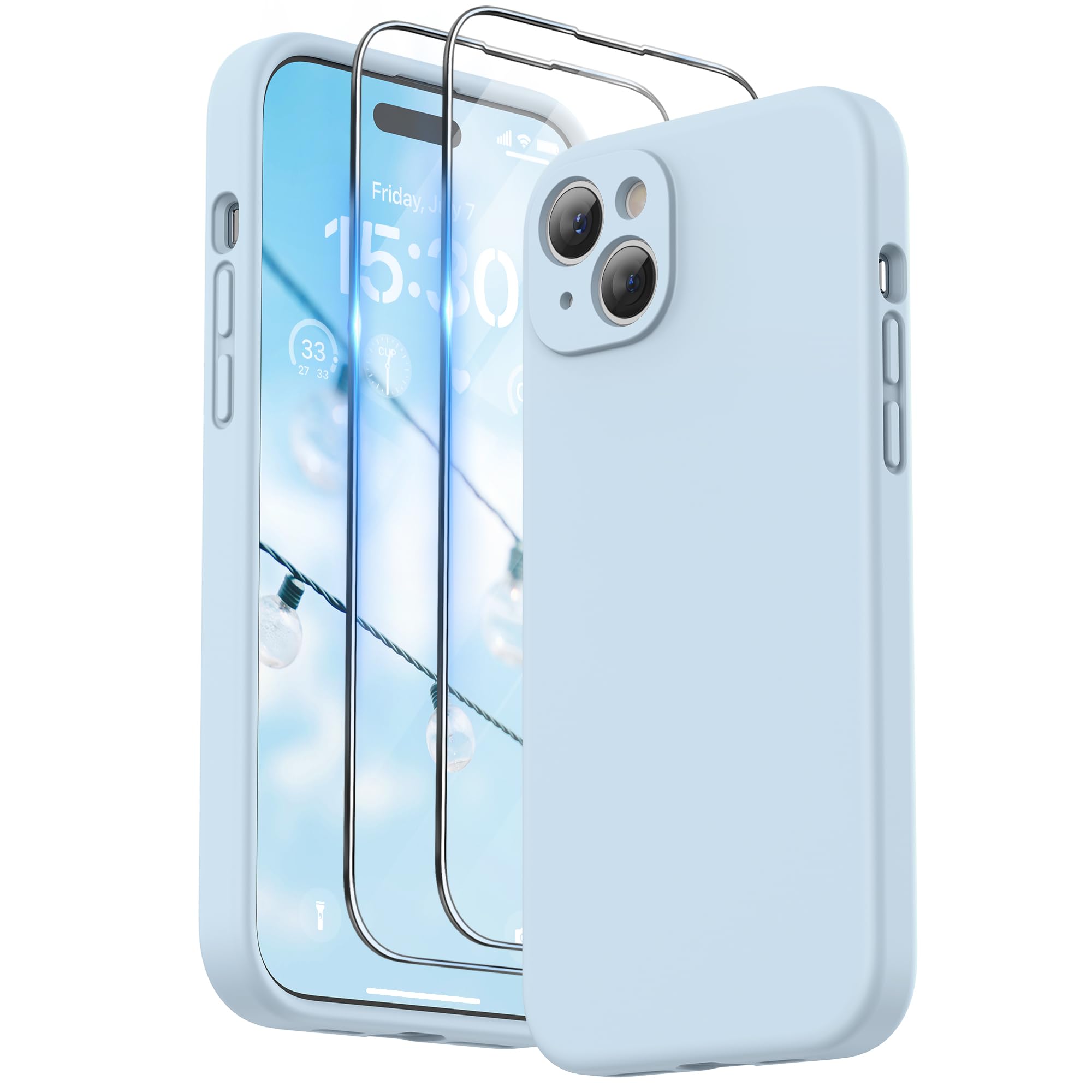 SURPHY Designed for iPhone 15 Plus Case with Screen Protector and Lanyard, Phone Strap and Liquid Silicone Phone Case (Camera Protective & Soft Microfiber Lining) 6.7 inch 2023, Cloud Blue