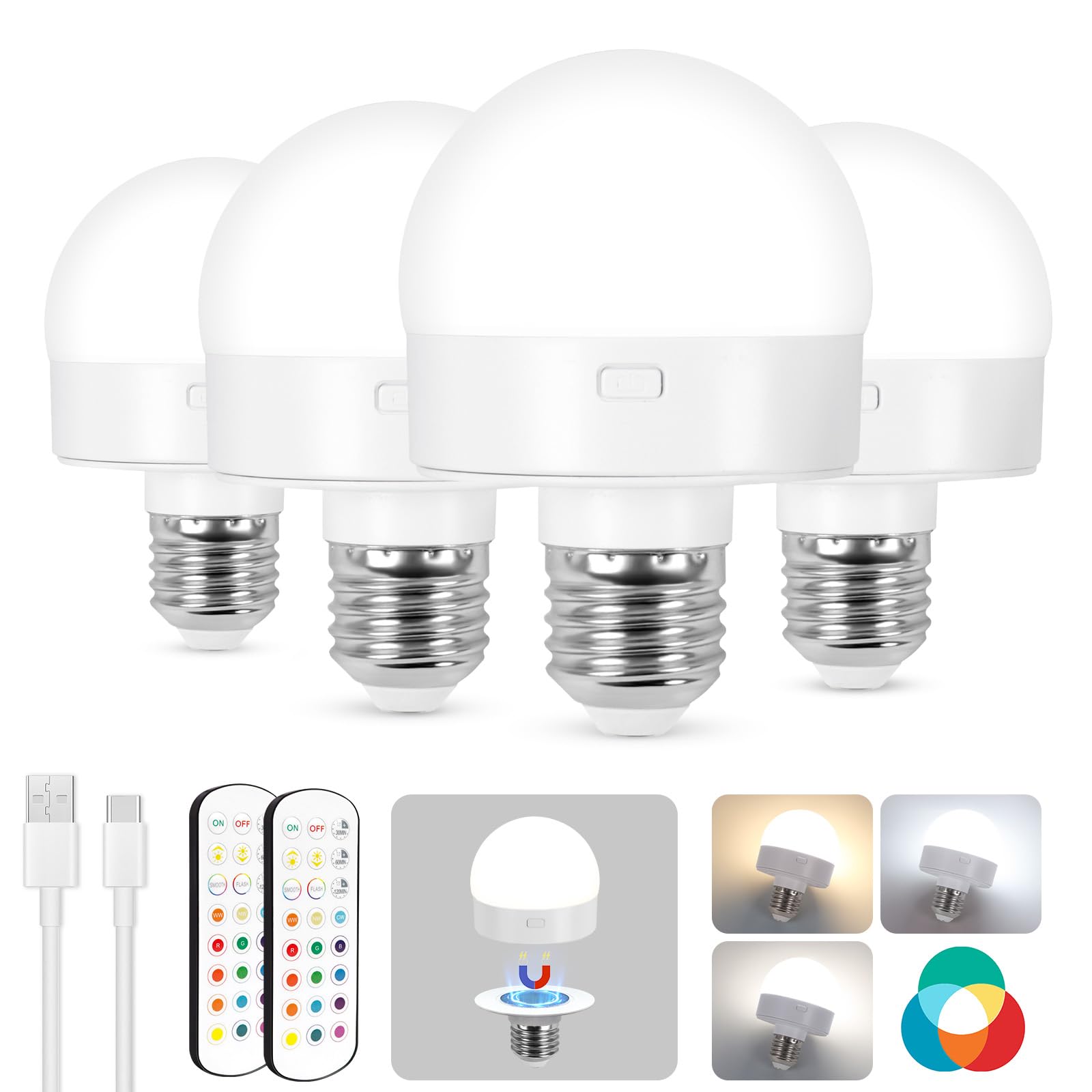 Rechargeable Battery Operated Light Bulb with Remote, Last 18-50 Hours 3000mAh Wireless LED Bulb with Timer and 15 Color Temperature, dimmable,
