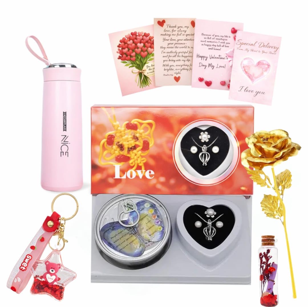 Yadava Birthday Gift Set | Combo Set for Girlfriend for Wife | Includes Jewelry Set Golden Rose Love Bottle Keychain Cards and Water Bottle | discount deal