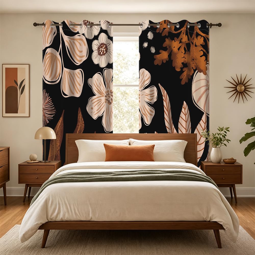 Rideaux Occultant Boheme, Rideaux Occultant Abstrait Lot de 2 Fleuri Rose et Feuilles Marron Rideau Thermiques Isolants Anti Froid et Chaleur Rideau à Oeillets pour Salon Chambre 107x160cm