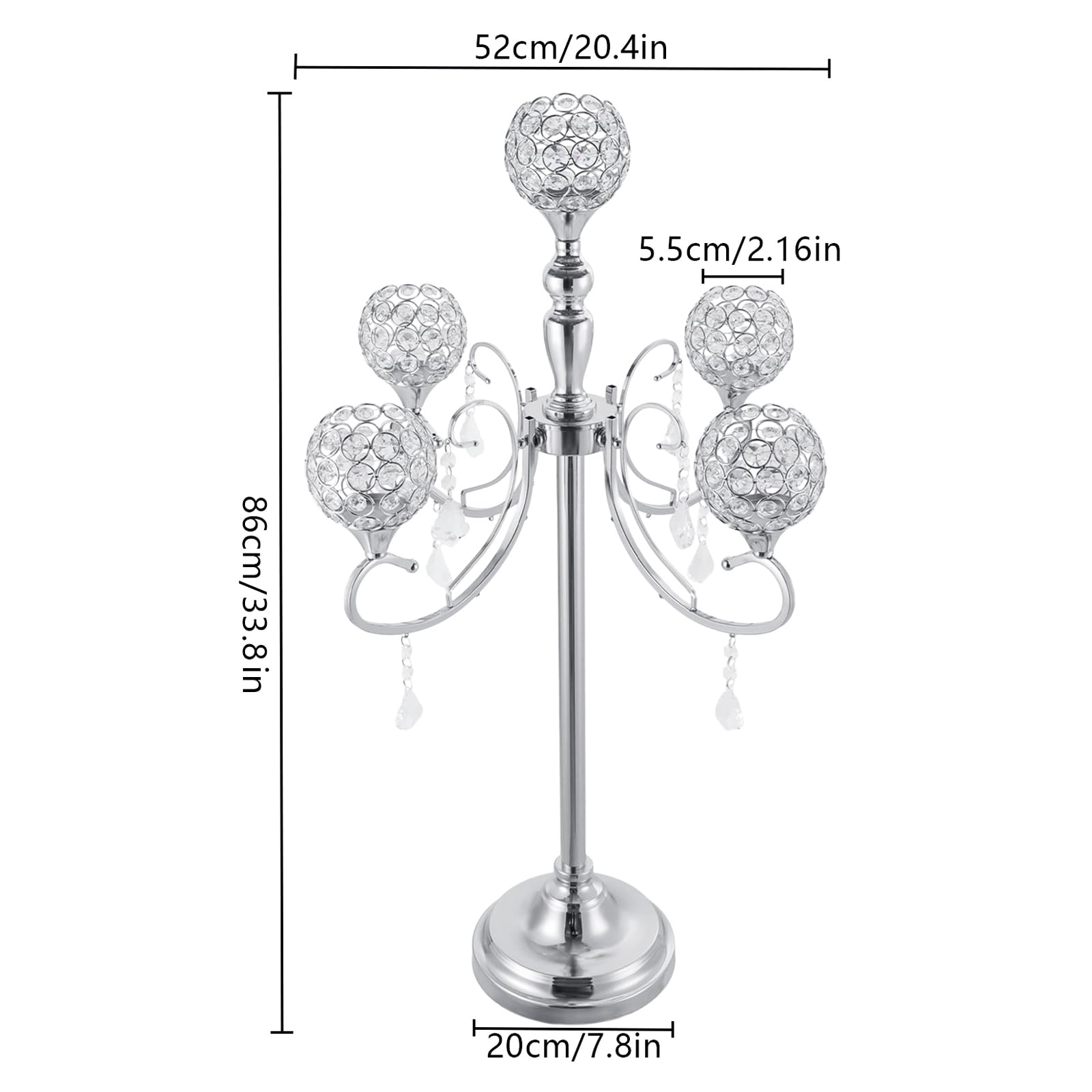 2PC 5-Arm Silver Bowls Tealight Candelabra Crystal Candle Holders, H: 33.8inch Table Candelabras Buffet Candelabra Ornaments Table Centerpieces Candelabra Centerpiece for Wedding, Christmas (Silver)