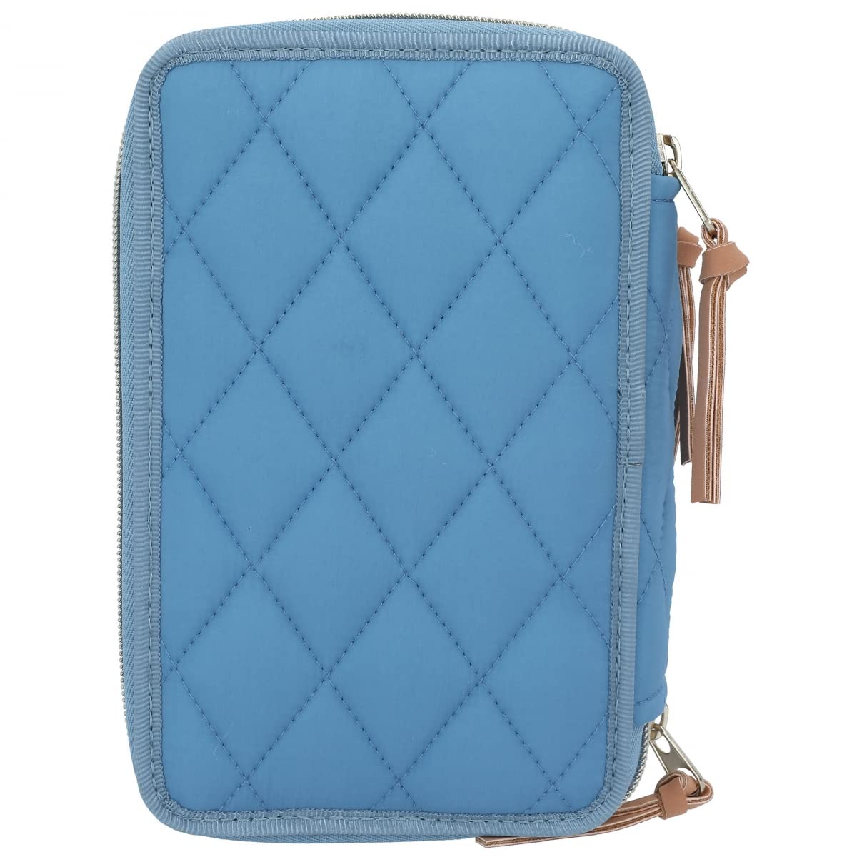 Depesche 12022 Miss Melody Blue Quilt - Gefüllte 3-Fach Federtasche mit Pferde-Motiv und Gold-Details, Federmäppchen in Blassblau mit Buntstiften, Lineal, Schere uvm.