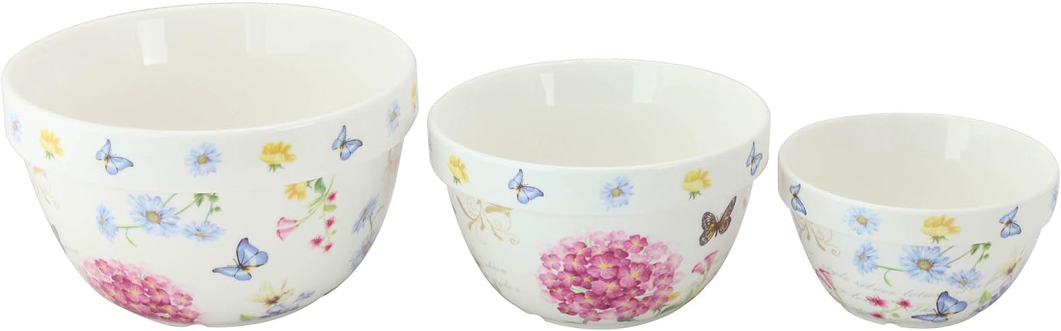 Gracie China by Coastline Imports 3-Piece Set Pantry Mixing Bowls Butterfly and Pink Hydrangea, Multicolor, 42-oz; 22-oz; 10-oz (35510-2)