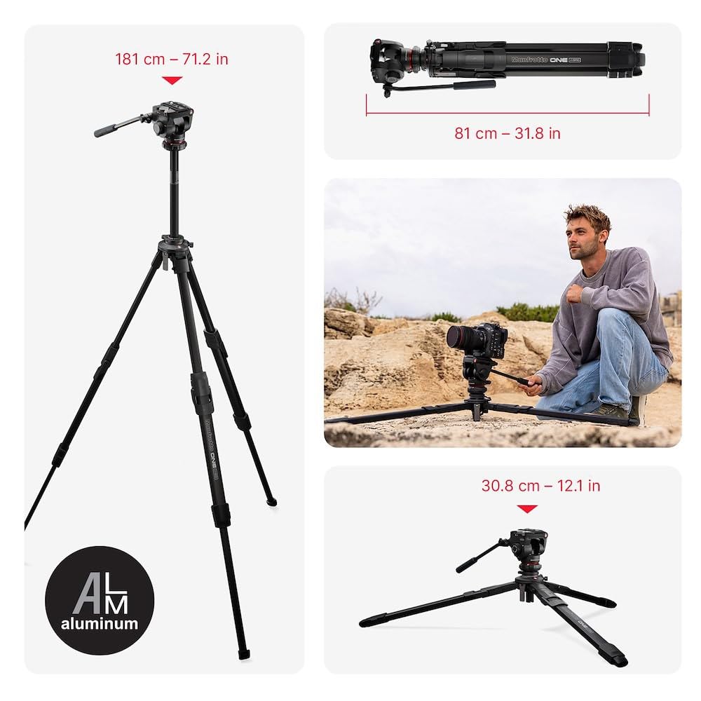 Manfrotto 500X Testa Video Fluida e Treppiede Ibrido ONE, Alluminio, Kit Foto & Video, Portata 5kg, Colonna Livellante, Colonna Orizzontale 90°, Sistema Quick Release, per Fotocamere DSLR & Mirrorless