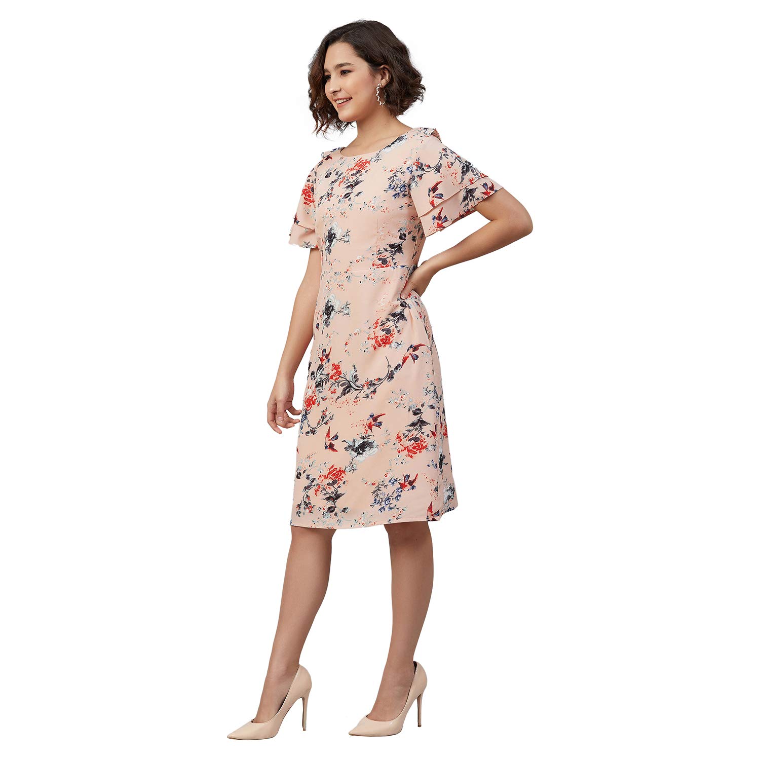 Rare Women's Crepe A-Line Knee-Length Casual Dress (Ep7032_Peach_Small)