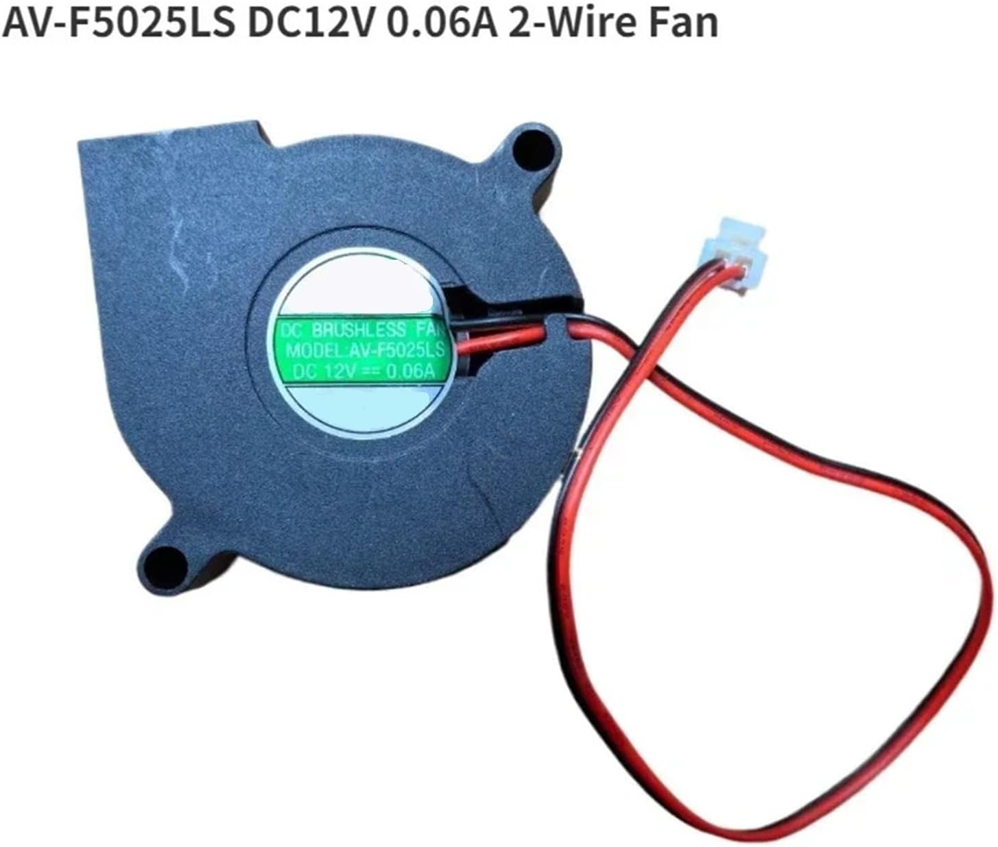 The ENCHSHANGM AV-F5025LS cooling fan with its two-wire connector, showing the black fan housing and red and black wires.