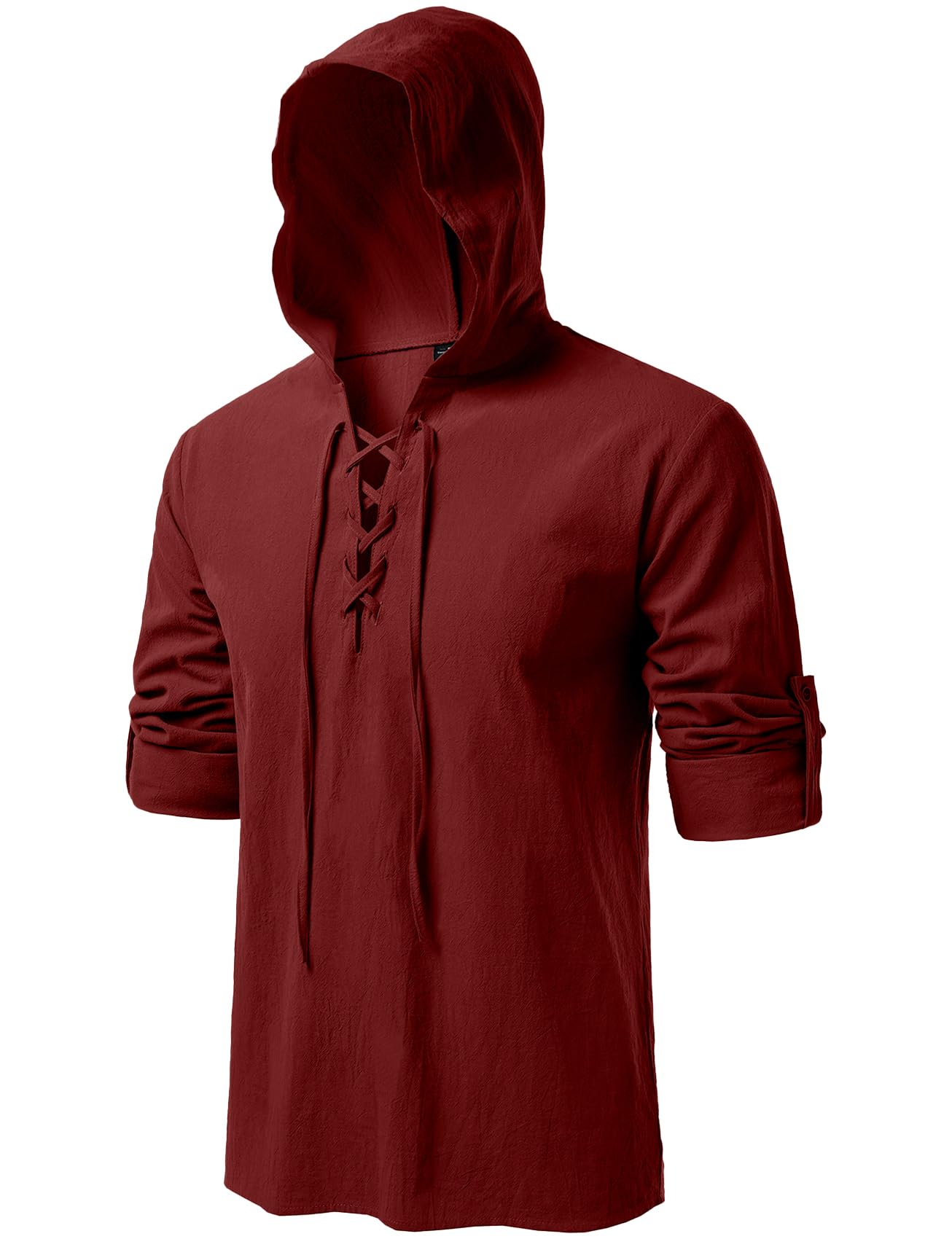 JEMITOP Men's Retro Style Renaissance Costume Roll Up Long Sleeve Lace Up Hooded Shirts for Pirate Viking Medieval Halloween Cosplay Clothing Rust Red M