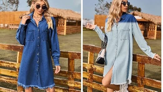 Womens Denim Shirt Dresses Long Sleeve Vintage Distressed Button