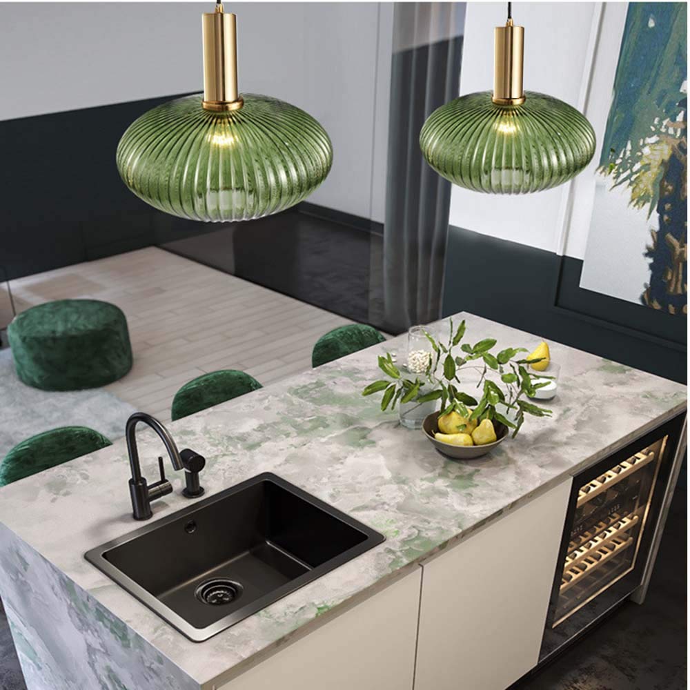 (2)modern pendant light fixtures for kitchen island, farmhouse striped glass pendant lighting with gold socket, stylish ceiling light for dining room and living room (11.81'', green)