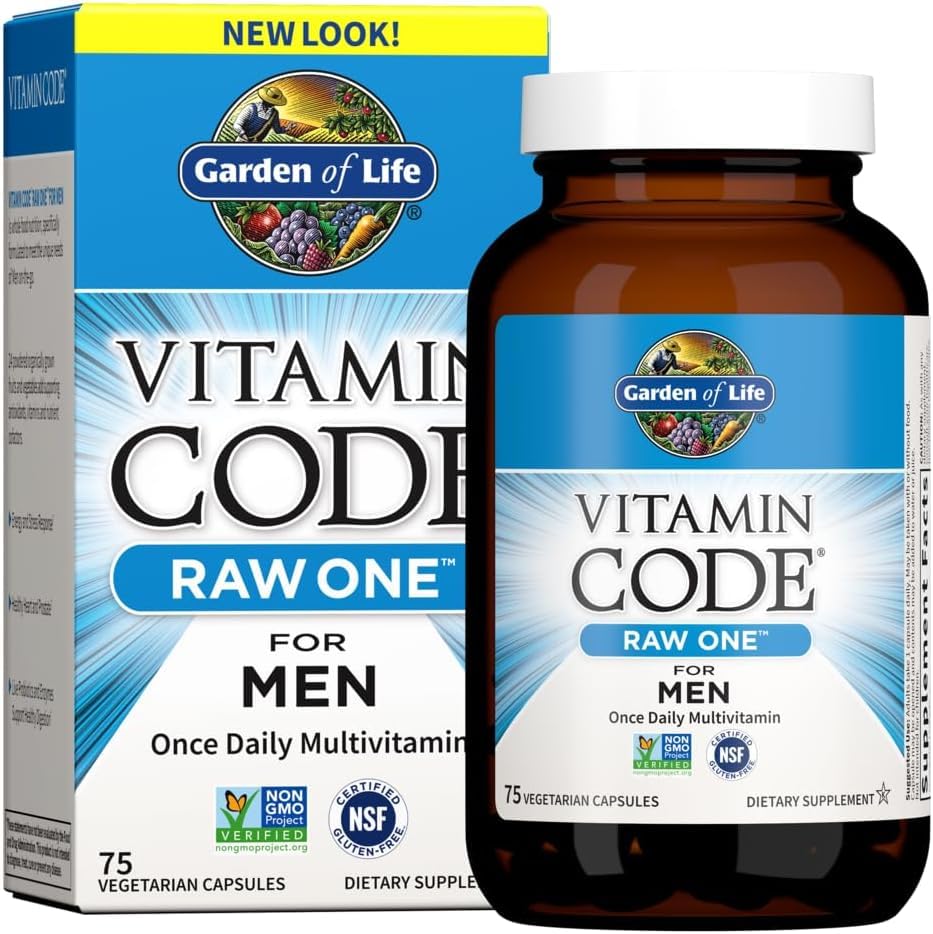 Image of Garden of Life Vitamin Code Raw One for Men, Once Daily Multivitamin, One a Day Mens Vitamins Plus Fruit, Veggies & Probiotics for Mens Health, Vegetarian Multivitamins, 75 Capsules, (Pack of 6)