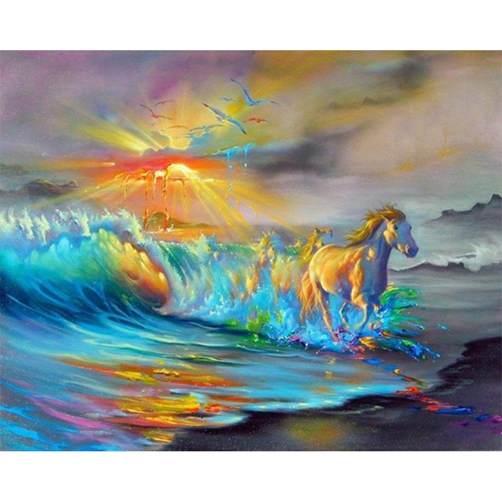 Own4b Green Diy 5D Diamond Painting By Numbers Kits, Horse Sea Waves Sunset 30X40cm Canvas Full Drill Diamond Art Paint With Diamonds Crystal Cross Stitch (Horse)