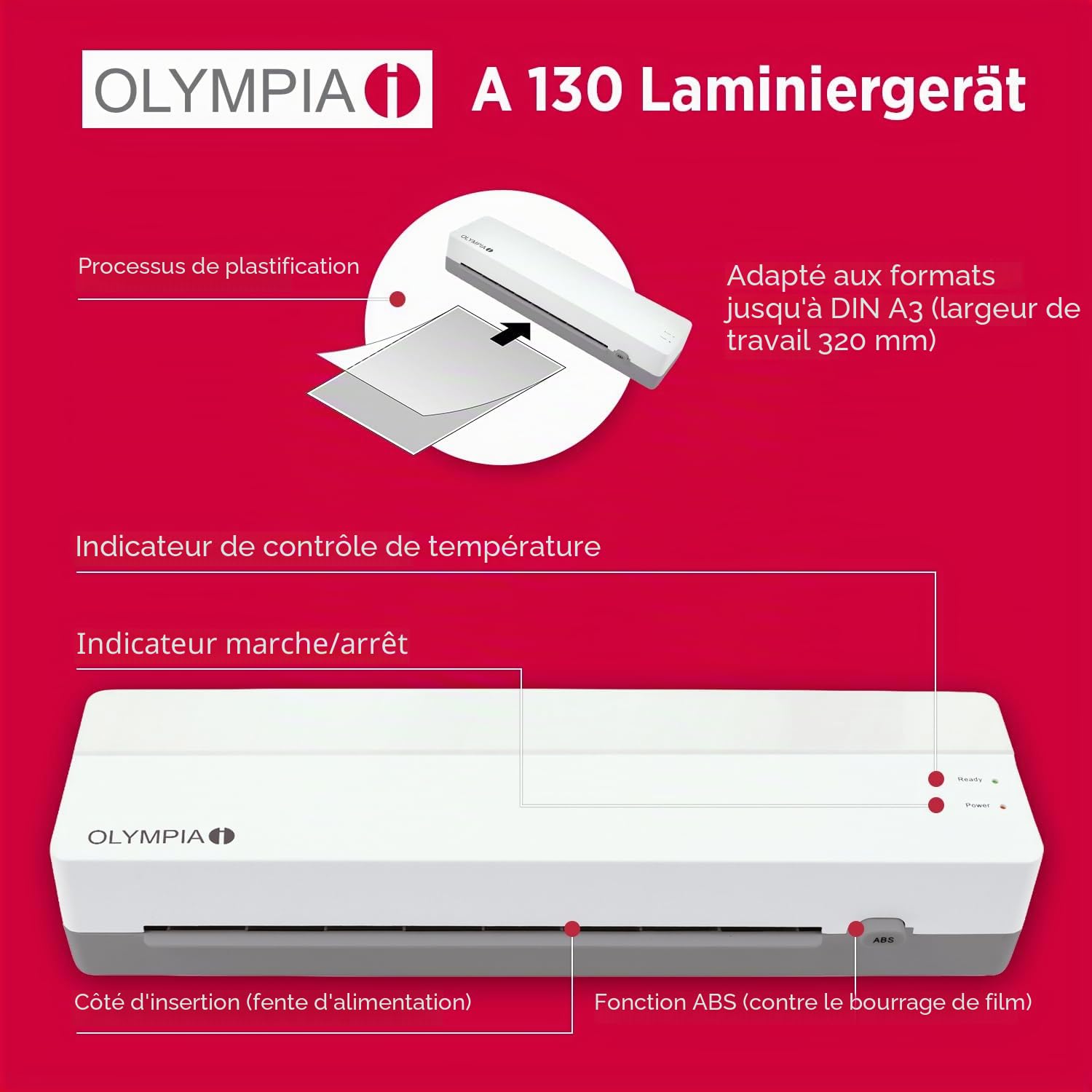 OLYMPIA A 130 Plastifieuse A3 | Plastifieuse compacte pour le bureau, l'école et la maison | Plastification à chaud jusqu'à 320 mm | Pour pochettes de plastification de 80 à 125 microns | Plastifieuse