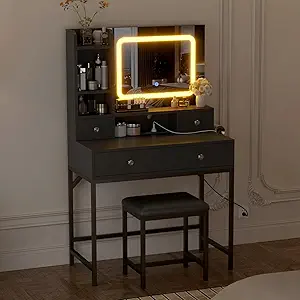 GarveeHome Makeup Vanity Desk and Stool with Mirror Vanity Desk with Lights in 3 Colors, Girls Vanity Table with Charging Station, 4 Drawers, 6 Storage Shelves for Bedroom, Black