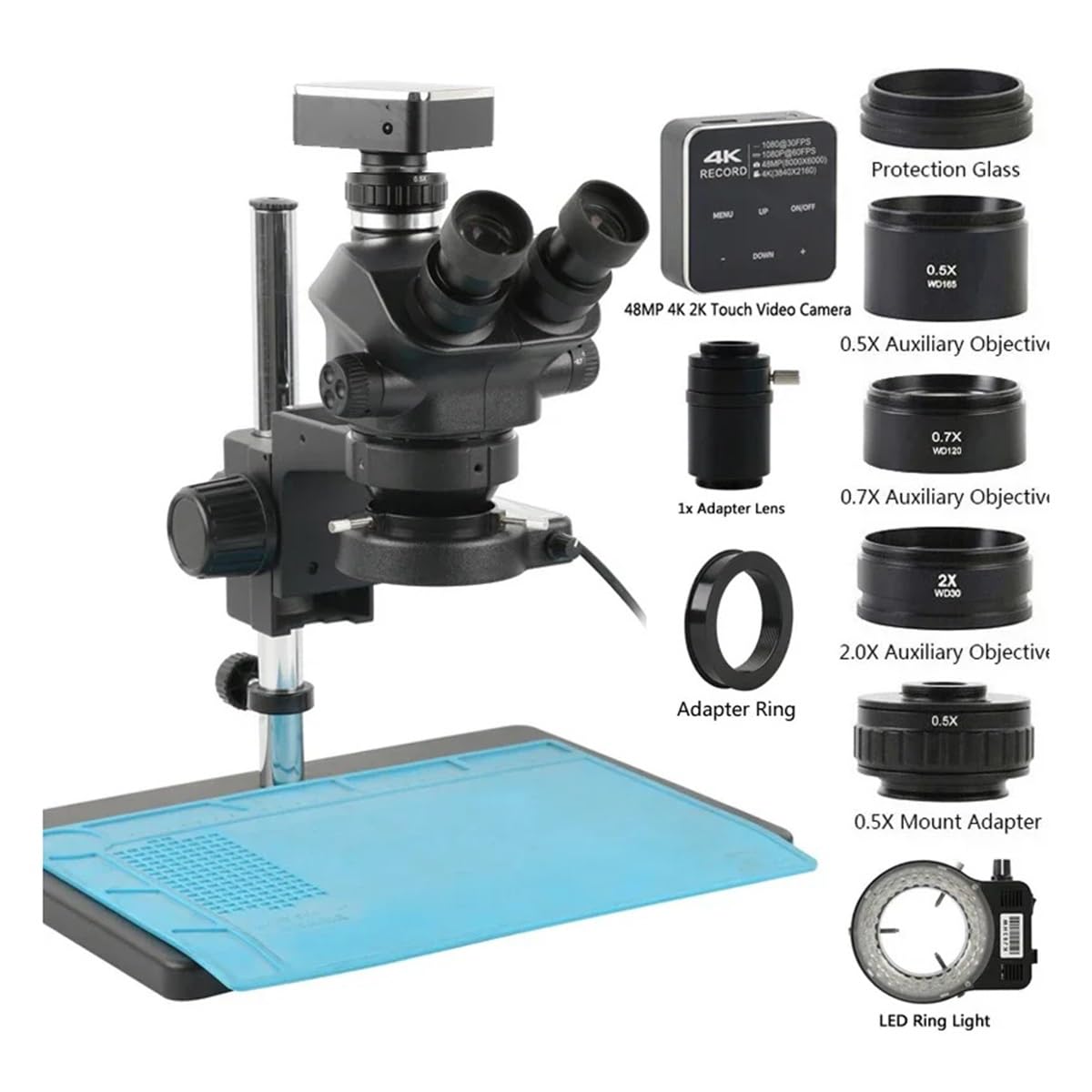 Microscope 7X-100X Zoom Simul Focal Stereo Trinocular Microscope WF10X/22MM Lens 4K 2K 55MP VGA USB HDMI PC Video Camera for PCB Soldering(48MP 4K HDMI Type-C B)