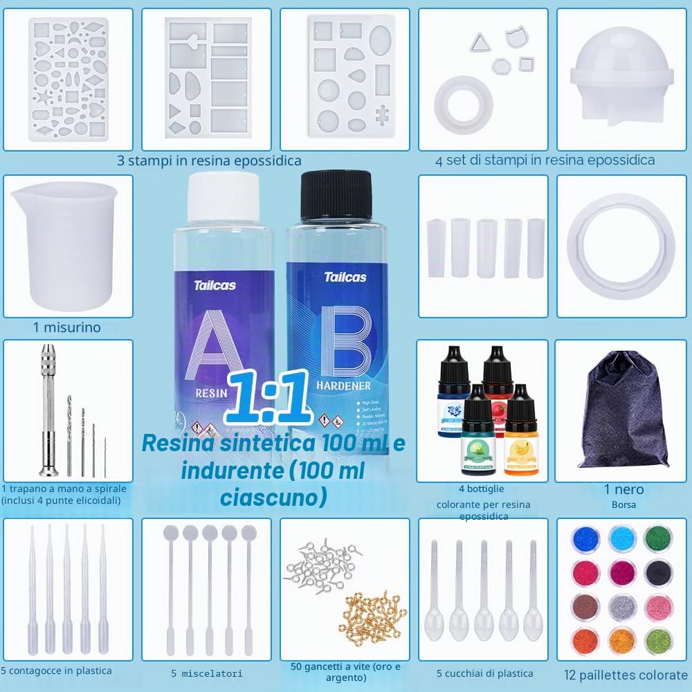 Kit Epossidica Trasparente, Stampi per Resina Rapporto 1:1 Starter Kit per Principianti, 200 ml Resina e Indurente, Pigmenti, Glitter, Misurini, Ottimo per Artigianato, Gioielli, Legno