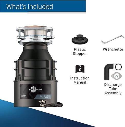 Vista 12 de InSinkErator Triturador de basura con cable de alimentación, Badger 5, serie estándar, alimentación continua de 1/2 HP, negro y trituradores