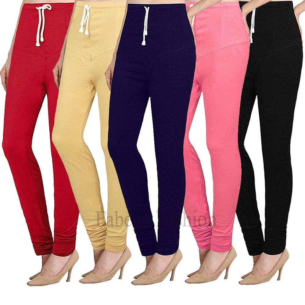 Fabeyo Women's Cotton Lycra Ruby Style V-Cut Skinny Fit with Dori Churidar Leggings Combo - Pack of 5 (Red, Skin, Navy Blue, Baby Pink, Black, Free Size)