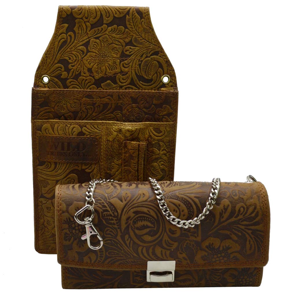 flevado Gastronomie Kellner Set Wild Leder mit Lilianen Muster im Set oder einzeln in braun (Set: Börse+Tasche)