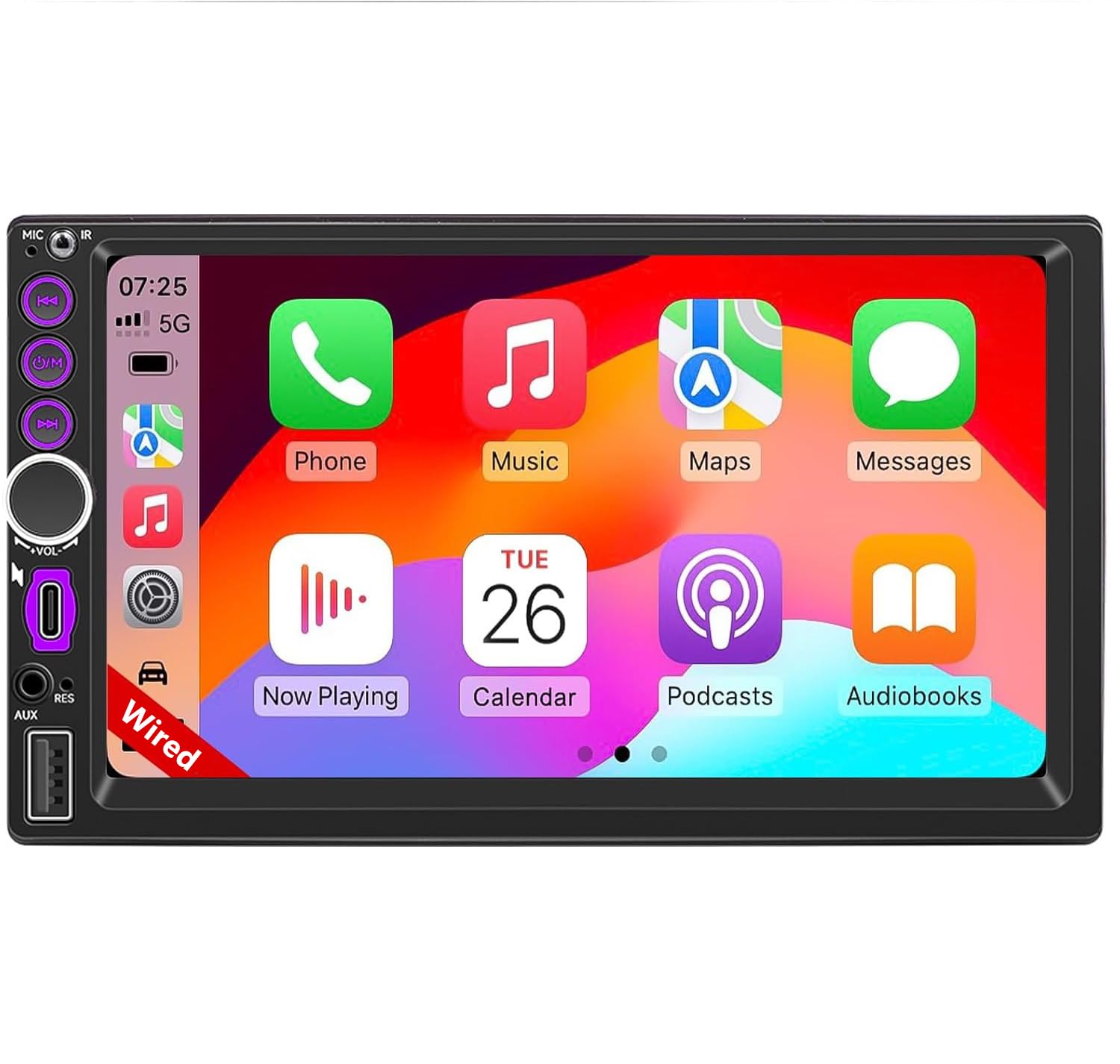 Autoestéreo Doble DIN de 6.5" con Pantalla Apple CarPlay por Cable para Receptores de Audio de Tablero — Bluetooth, Android Auto, Pantalla Táctil, SWC, FM, Mirror Link, USB Tipo-C