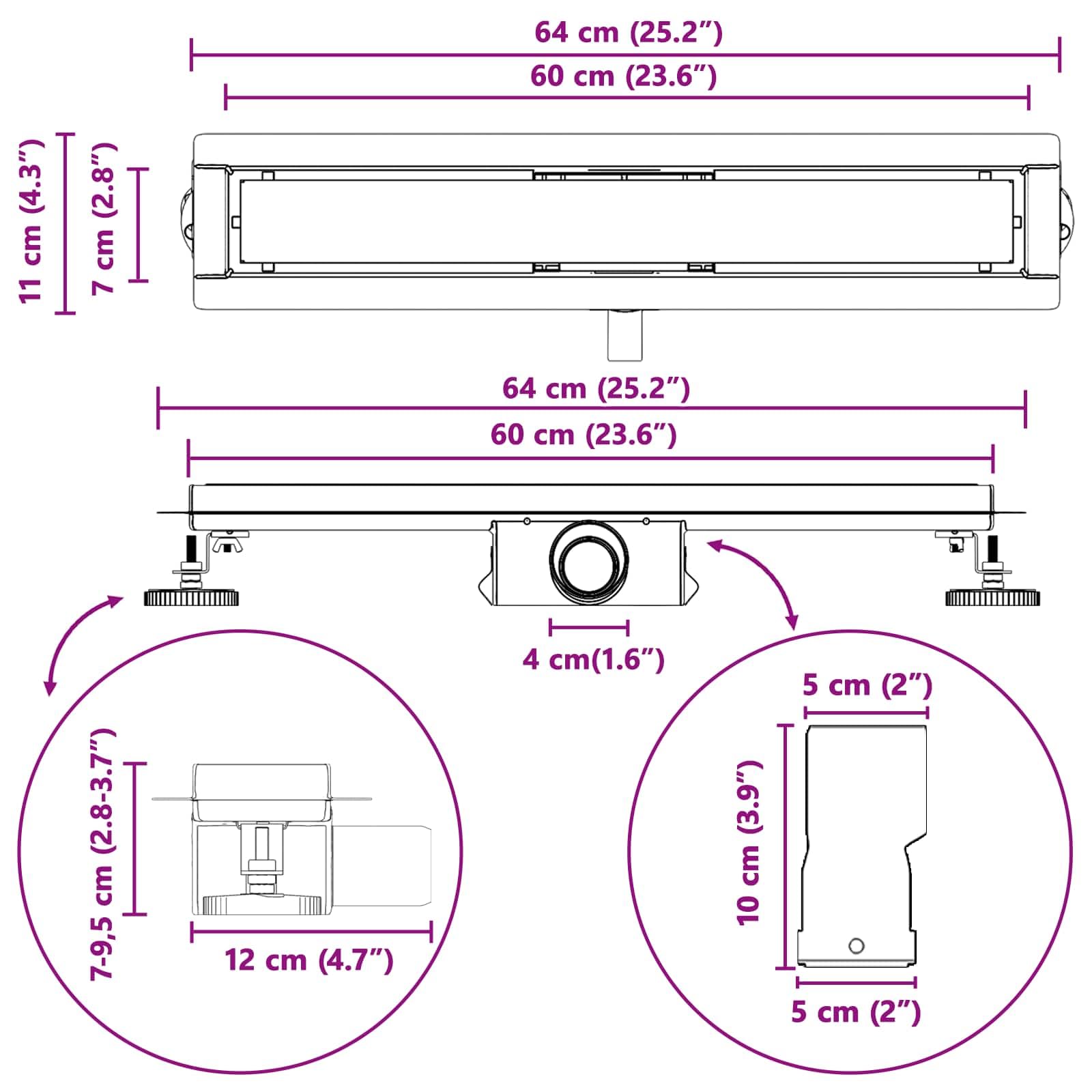 vidaXL Drenaggio Doccia 2 in 1 Argento 60 cm Acciaio Inox 304, Stile per Il Bagno, Scarico Doccia Moderno, Soluzione idraulica, Accessori per Il Controllo dell'Acqua