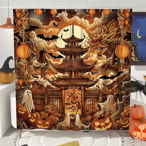 Halloween Shower Curtain, Spooky Pumpkin Ghost Bat Lanterns Asian Temple Decor, Autumn Festive Modern Art Waterproof Fabric Shower Curtain with Hooks 72x96 Inch