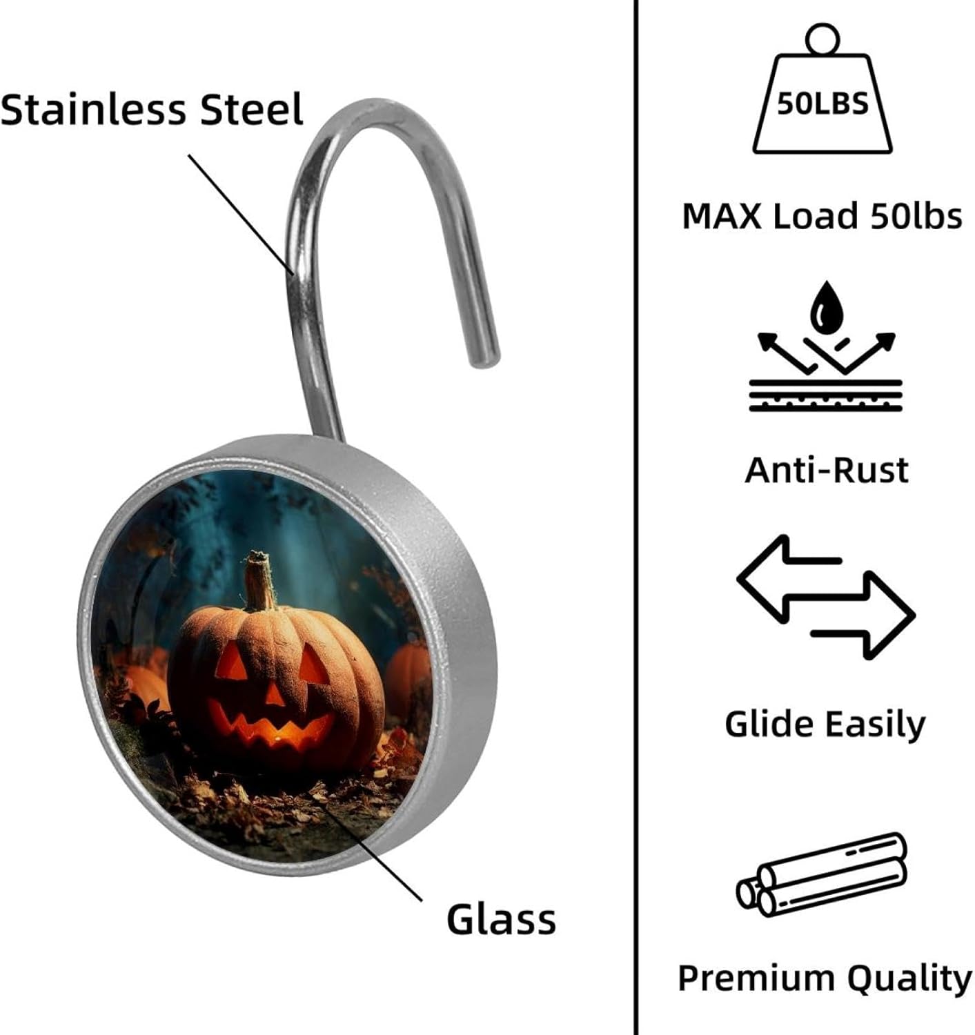 Set of 12 Pumpkin Halloween Fall (2) Shower Curtain Hooks, Stainless Steel Rust-Resistant Decorative Hanger Rings
