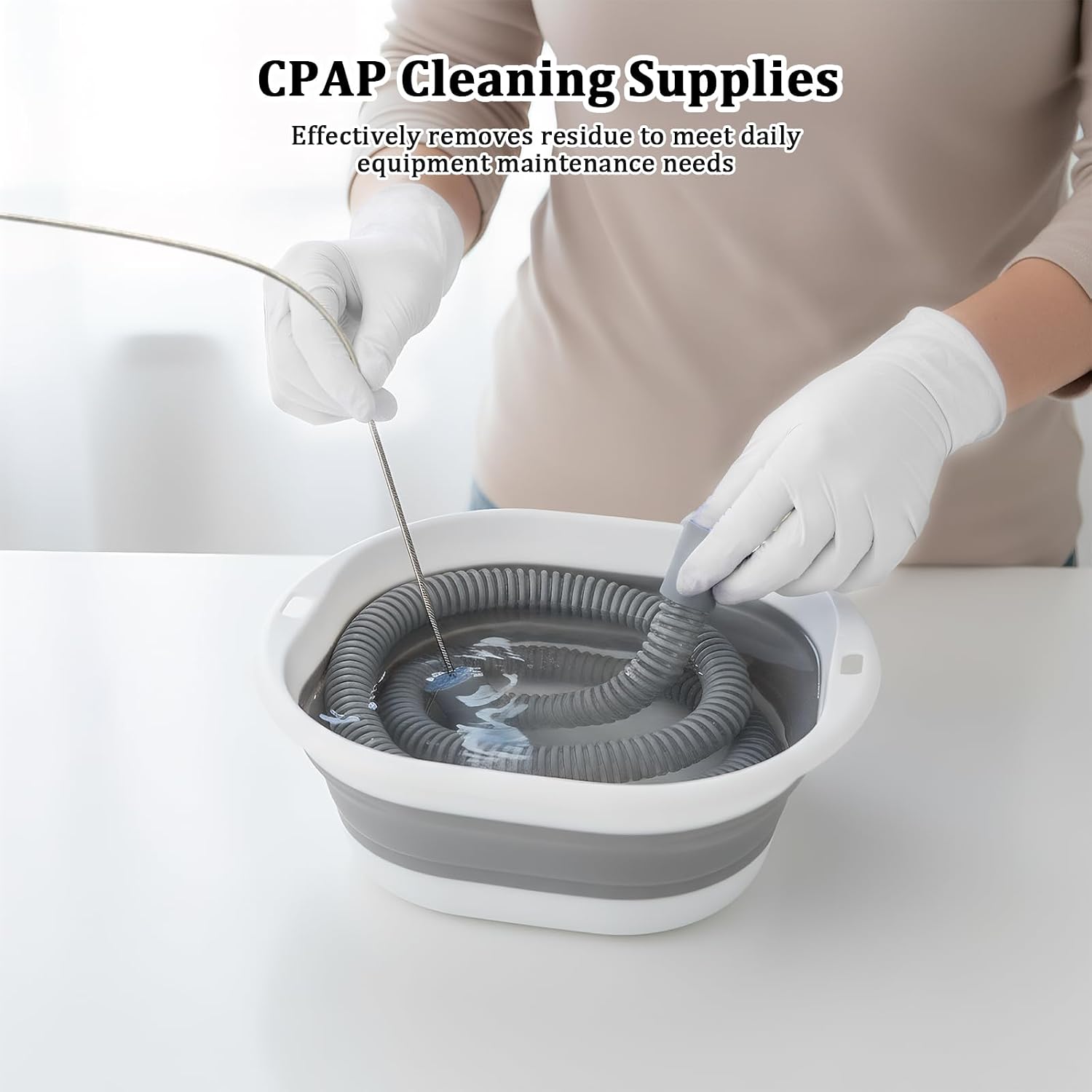 CPAP Cleaning Kit, 7-Foot Steel Wire Double-Ended CPAP Tube Cleaning Brush, Includes Foldable Basin, Gloves, Hook and Storage Bag, for Hoses Cleaner with Diameters of 15-22 mm (Blue) image 5