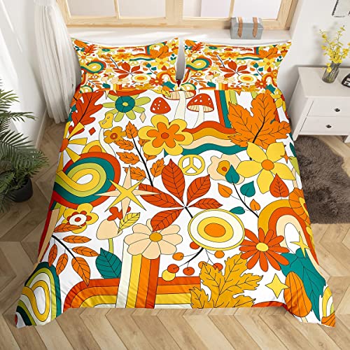 70S Groovy Hippie Flower Bedding Set Girls Boho Rainbow Leaves Mushroom Pumpkin Flowers Duvet Cover Queen,Vintage Wavy Floral Comforter Cover Aesthetic Psychedelic Funky Bedspread Cover Zipper 3 Pcs #TOP16