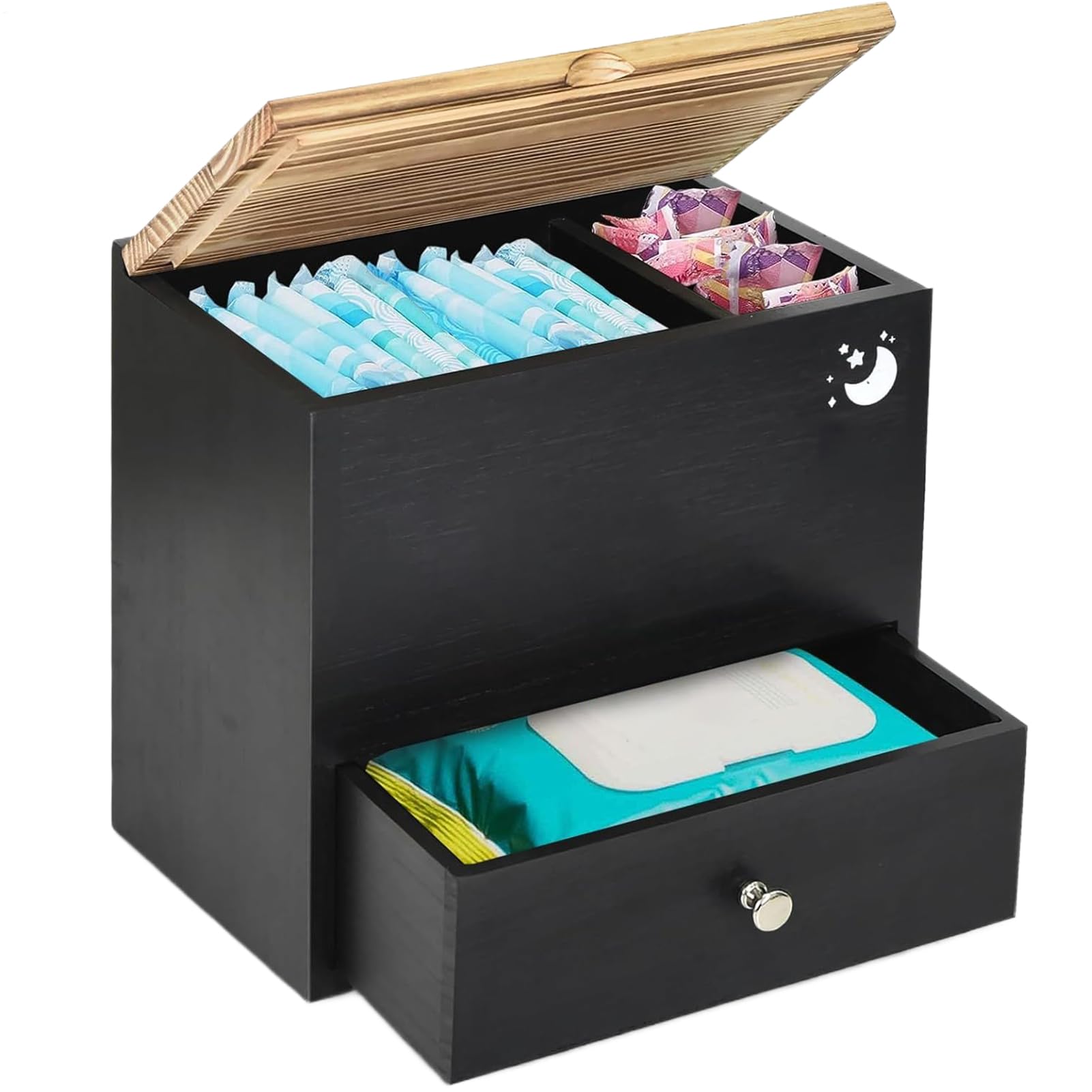 Boîte à tampons discrète pour le rangement des cosmétiques et protections en bois