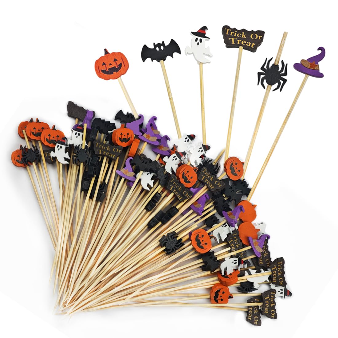 SHSMPXOY 100 PCS Halloween Cocktail Sticks, Wooden Skewers with Ghosts Bats Spiders Pumpkin Ornament, Bamboo Appetizer Fruit Finger Food Drinks Picks, Creepy Halloween Spoof Party Decoration Supplies — image 1